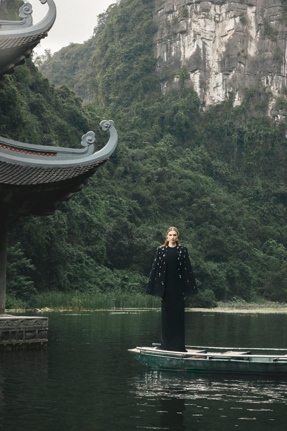 Long Cape With Stone Embellishments - TRACY COUTURE