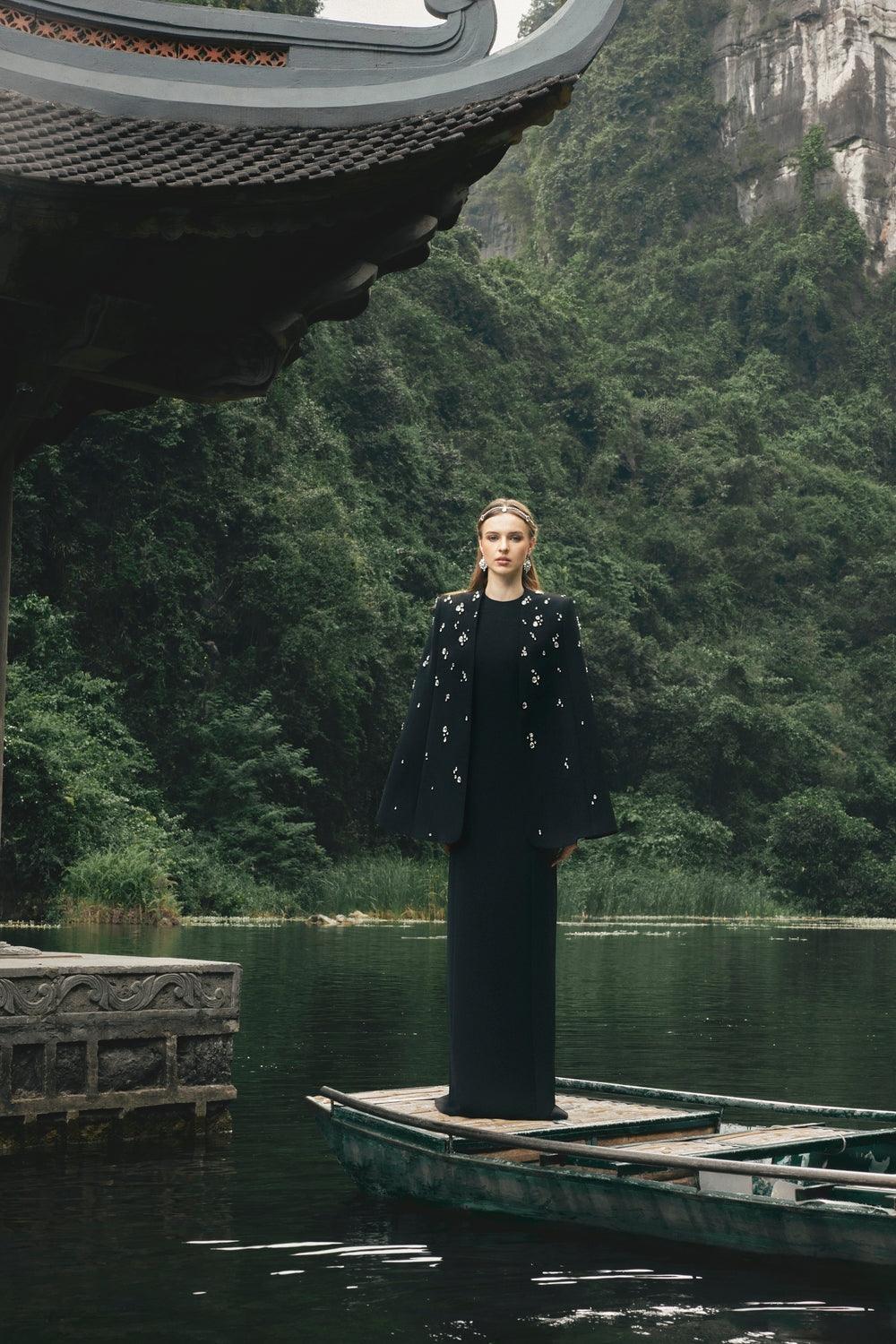 Long Cape With Stone Embellishments - TRACY COUTURE