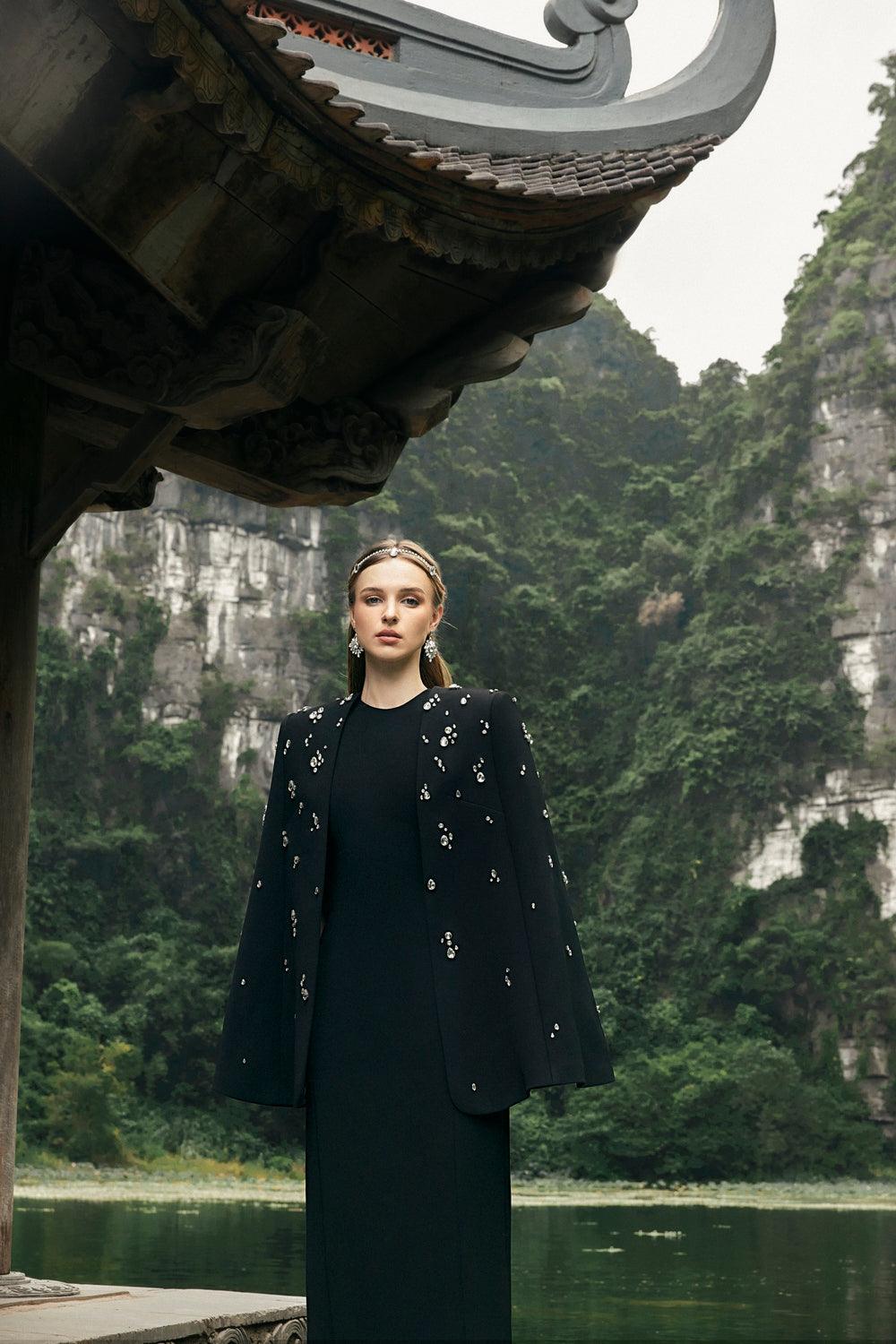 Long Cape With Stone Embellishments - TRACY COUTURE