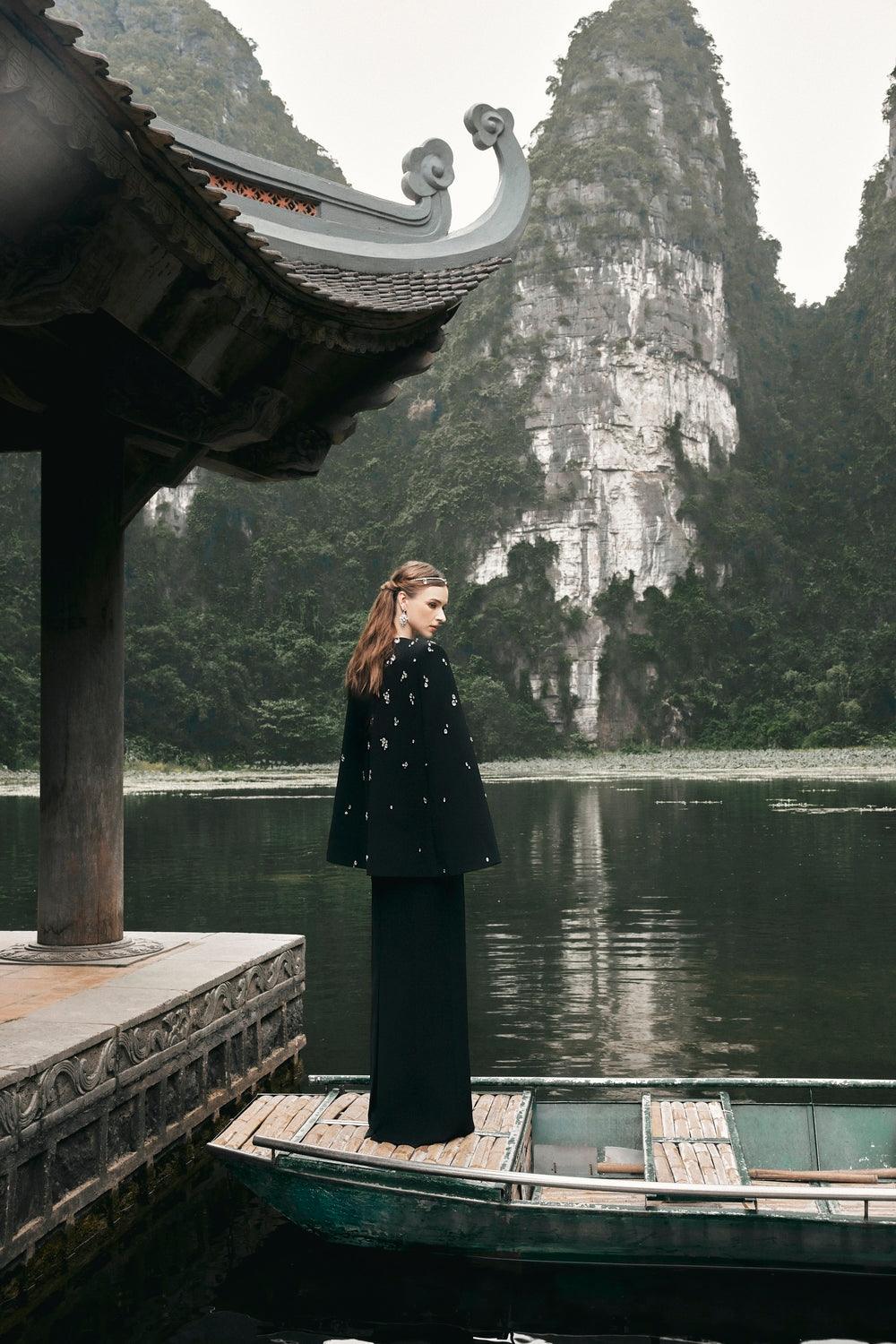 Long Cape With Stone Embellishments - TRACY COUTURE