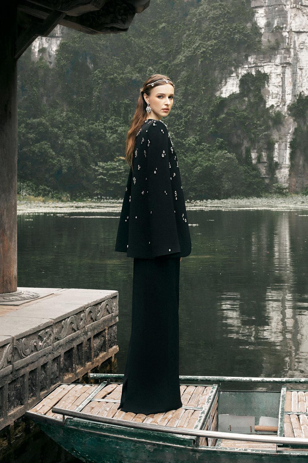 Long Cape With Stone Embellishments - TRACY COUTURE