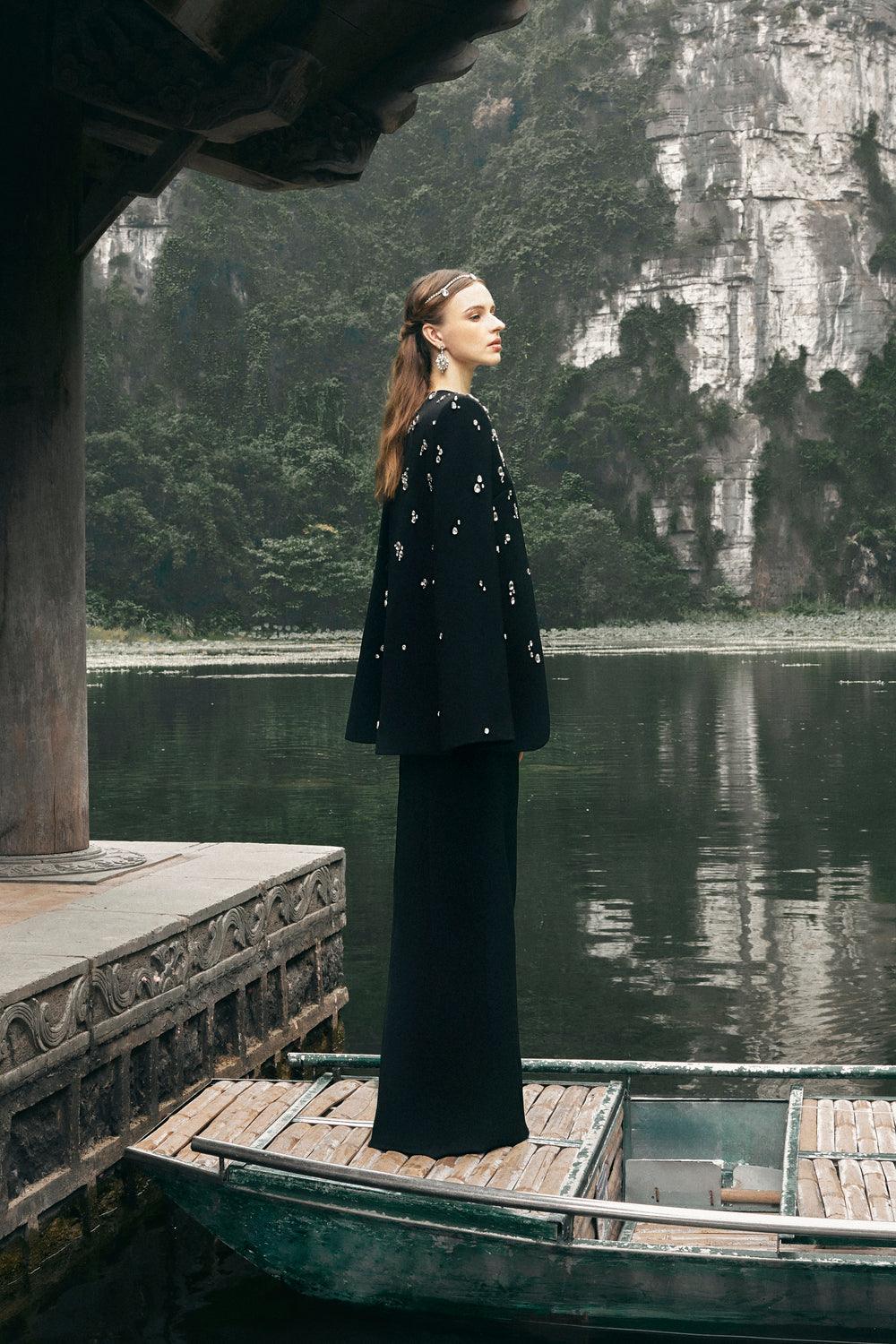 Long Cape With Stone Embellishments - TRACY COUTURE