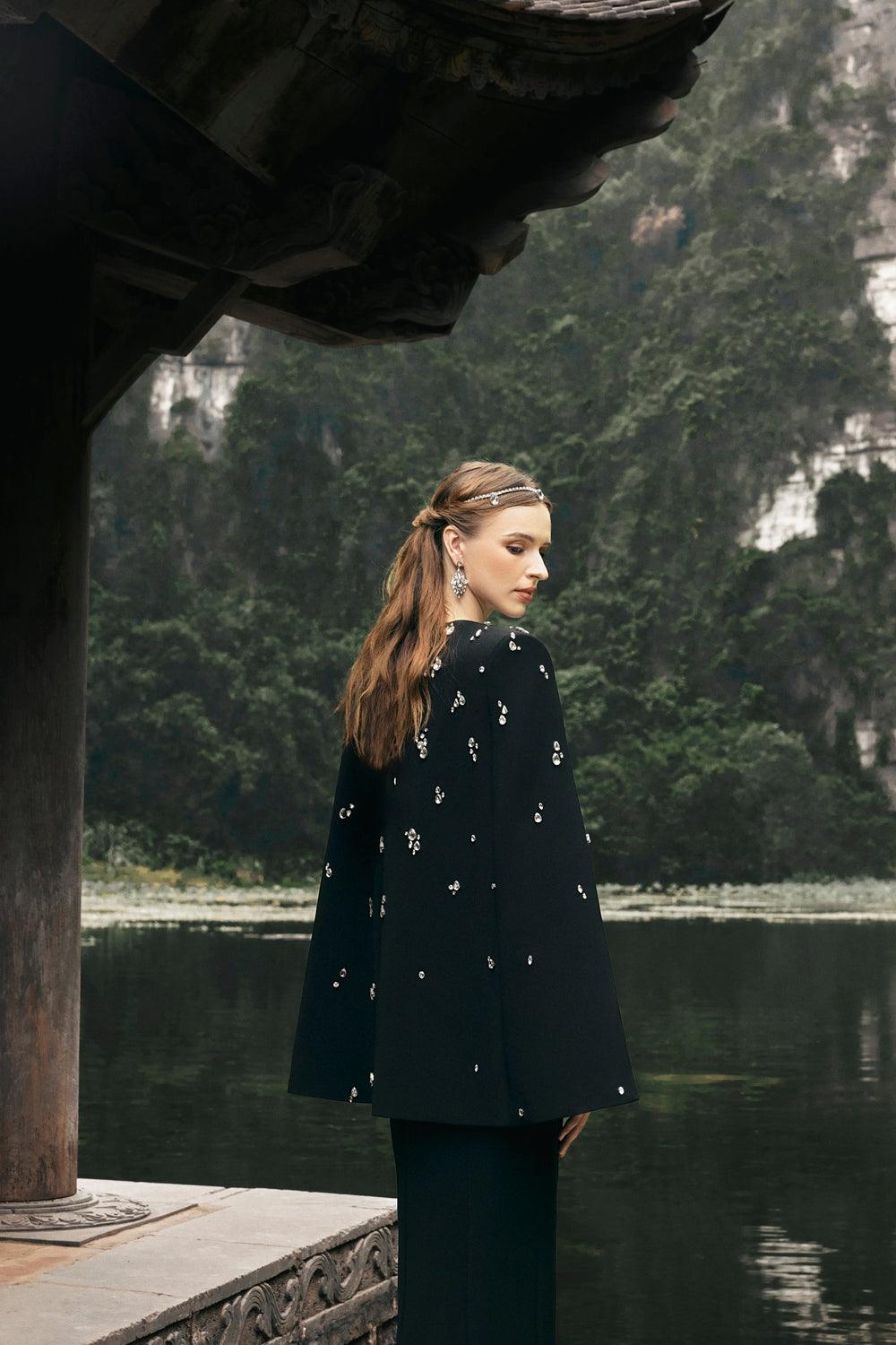 Long Cape With Stone Embellishments - TRACY COUTURE