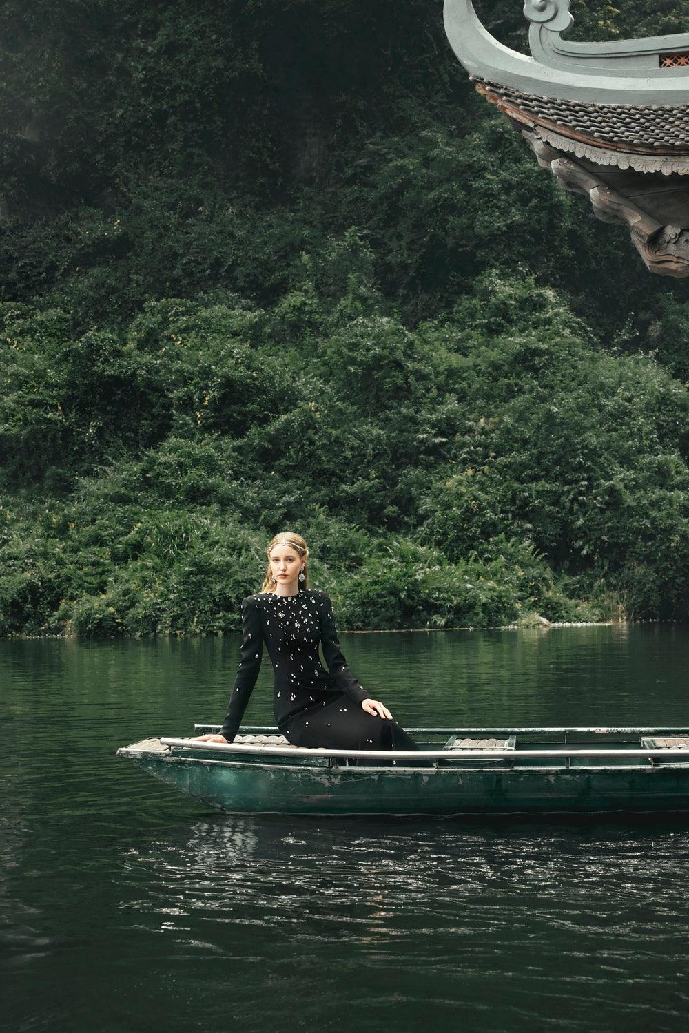 Stone Embellished Long Sleeve Dress - TRACY COUTURE