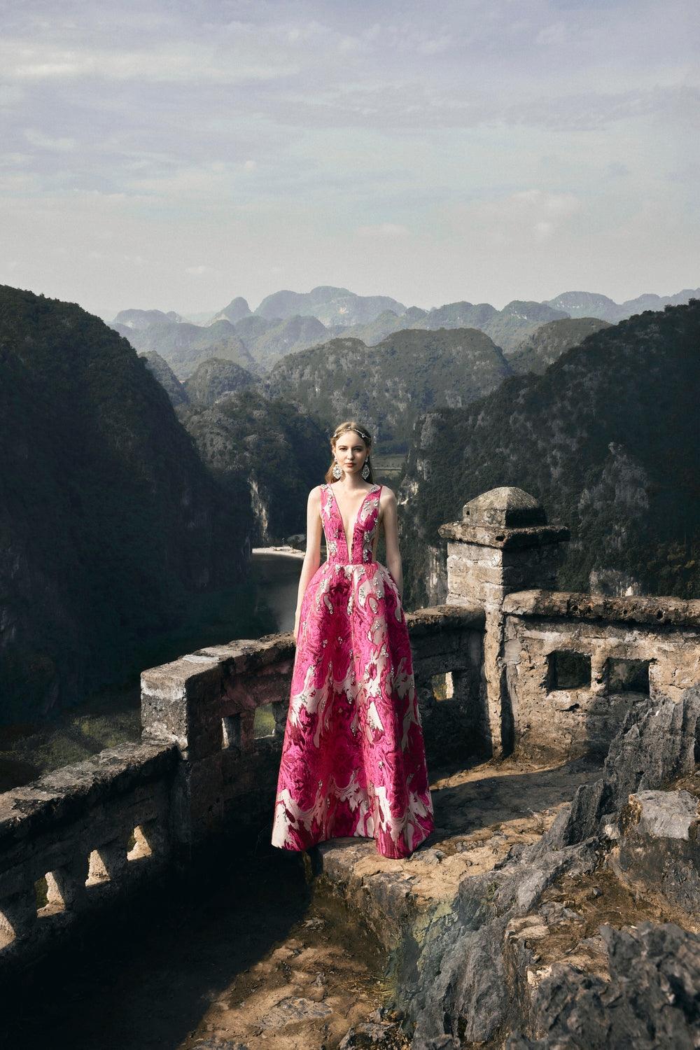 See-Through V-Chest Stone Embellished Dress - TRACY COUTURE