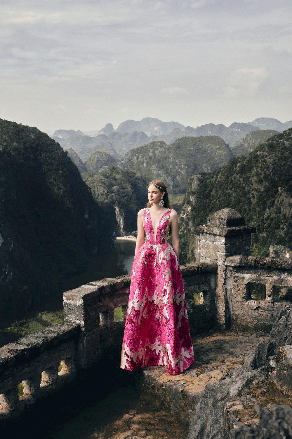 See-Through V-Chest Stone Embellished Dress - TRACY COUTURE