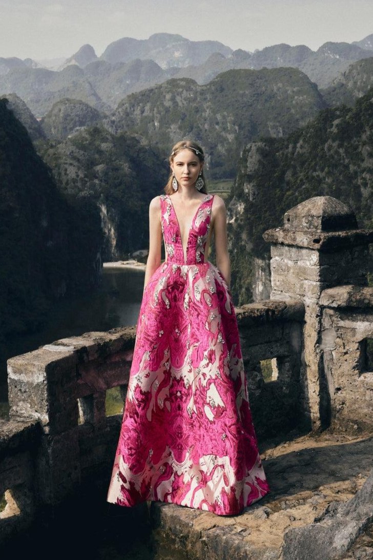 See-Through V-Chest Stone Embellished Dress - TRACY COUTURE