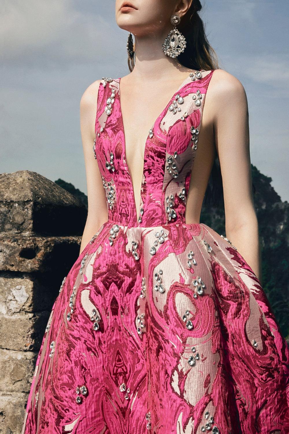 See-Through V-Chest Stone Embellished Dress - TRACY COUTURE