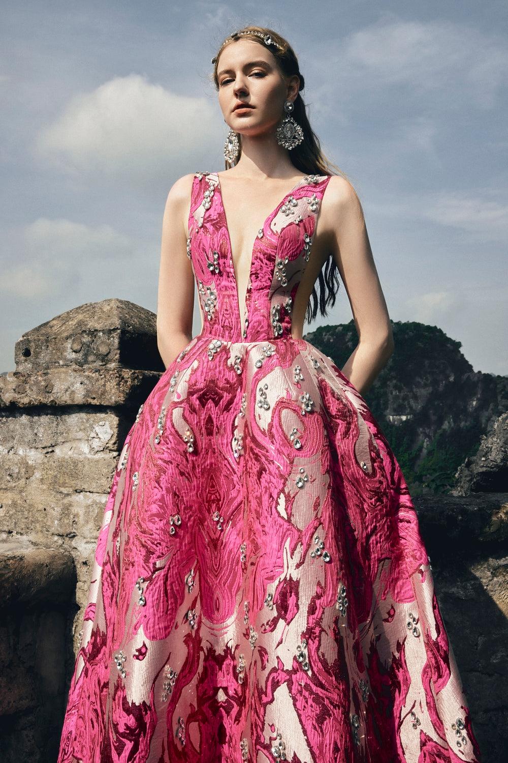 See-Through V-Chest Stone Embellished Dress - TRACY COUTURE