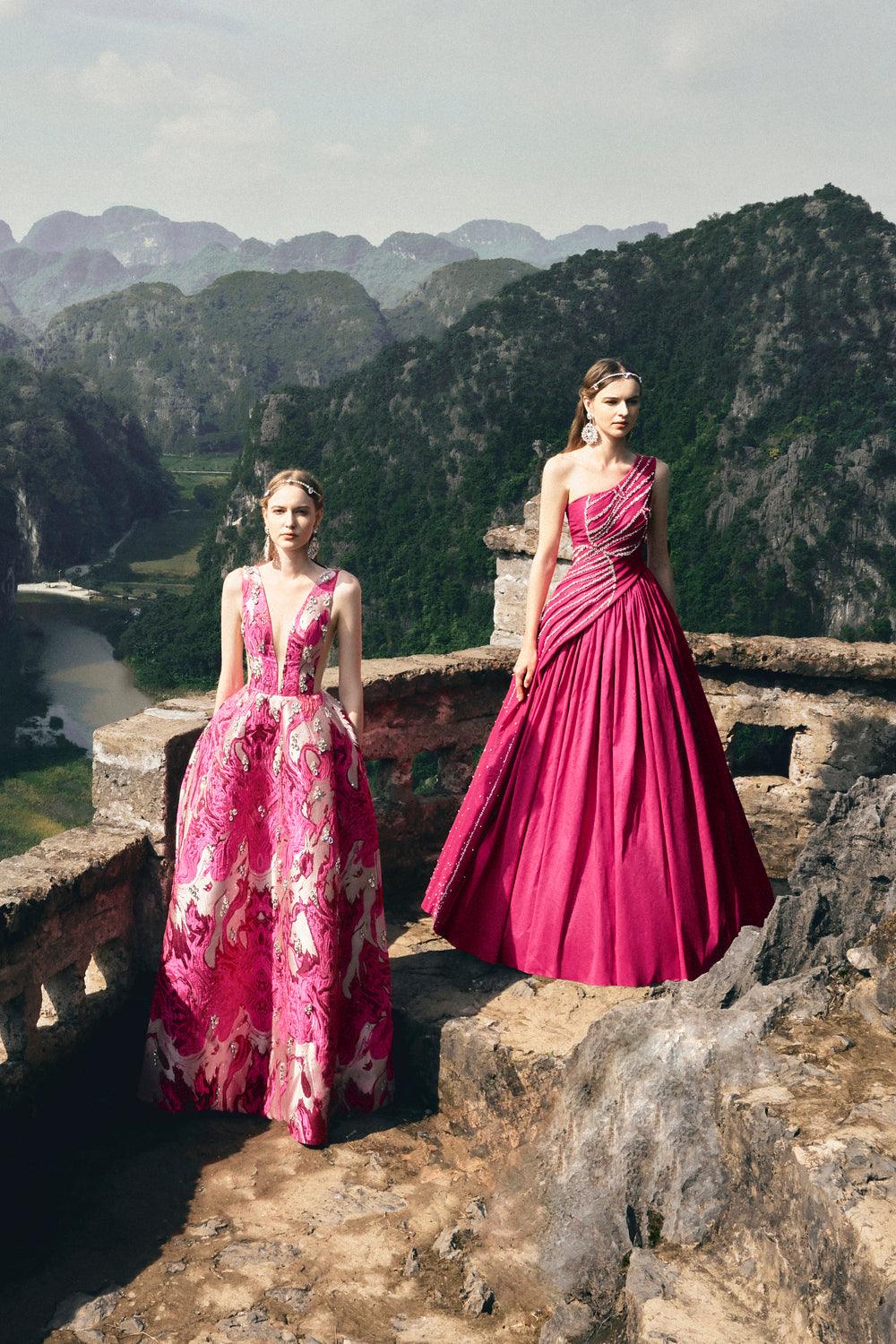 See-Through V-Chest Stone Embellished Dress - TRACY COUTURE