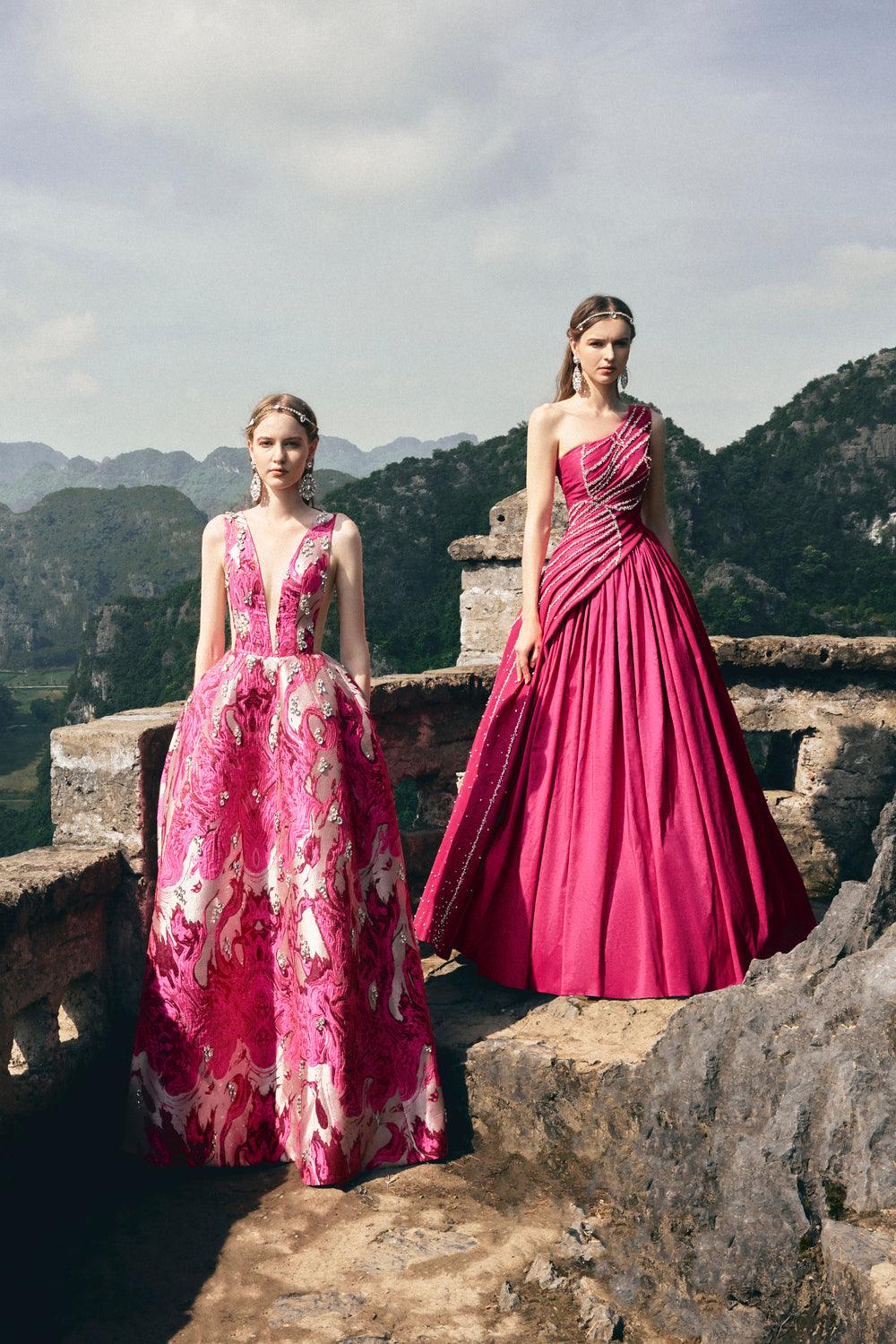 One Shoulder Stone Embellished Dress - TRACY COUTURE