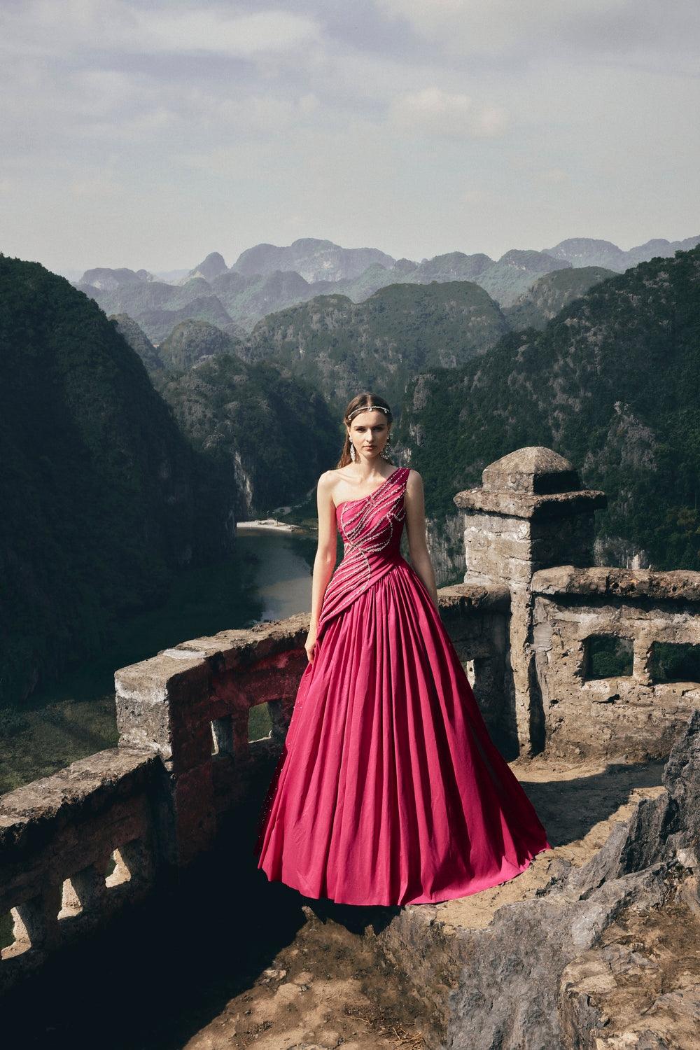 One Shoulder Stone Embellished Dress - TRACY COUTURE