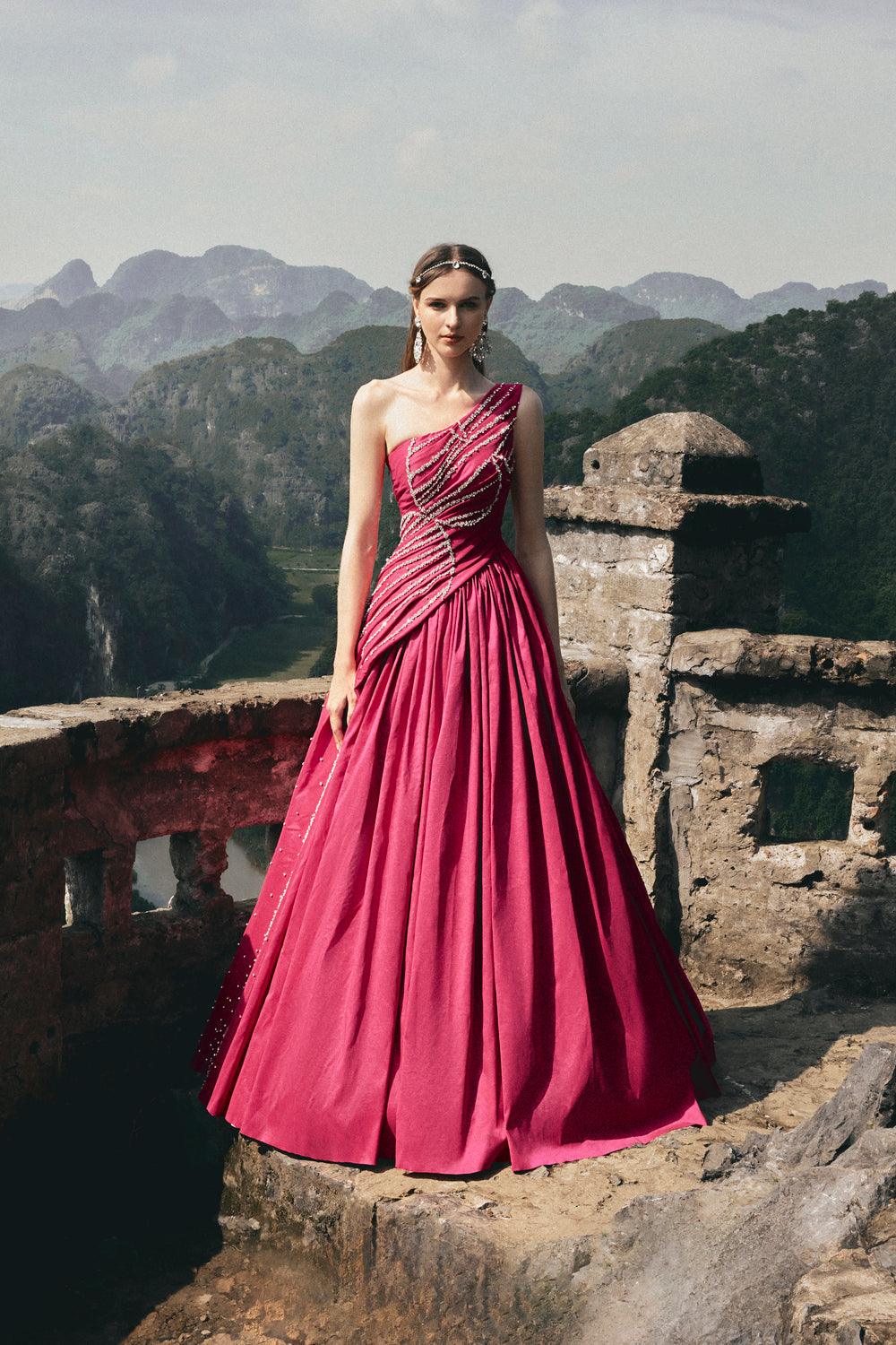 One Shoulder Stone Embellished Dress - TRACY COUTURE