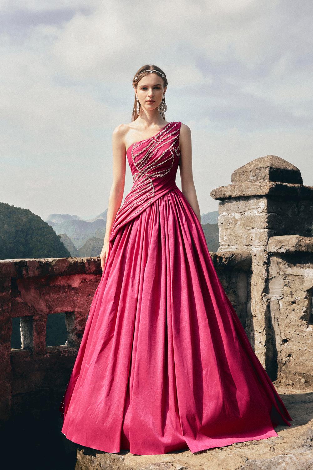 One Shoulder Stone Embellished Dress - TRACY COUTURE