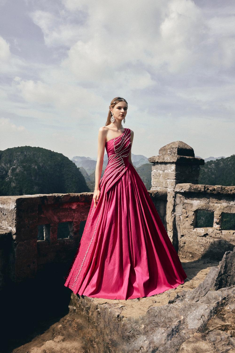 One Shoulder Stone Embellished Dress - TRACY COUTURE