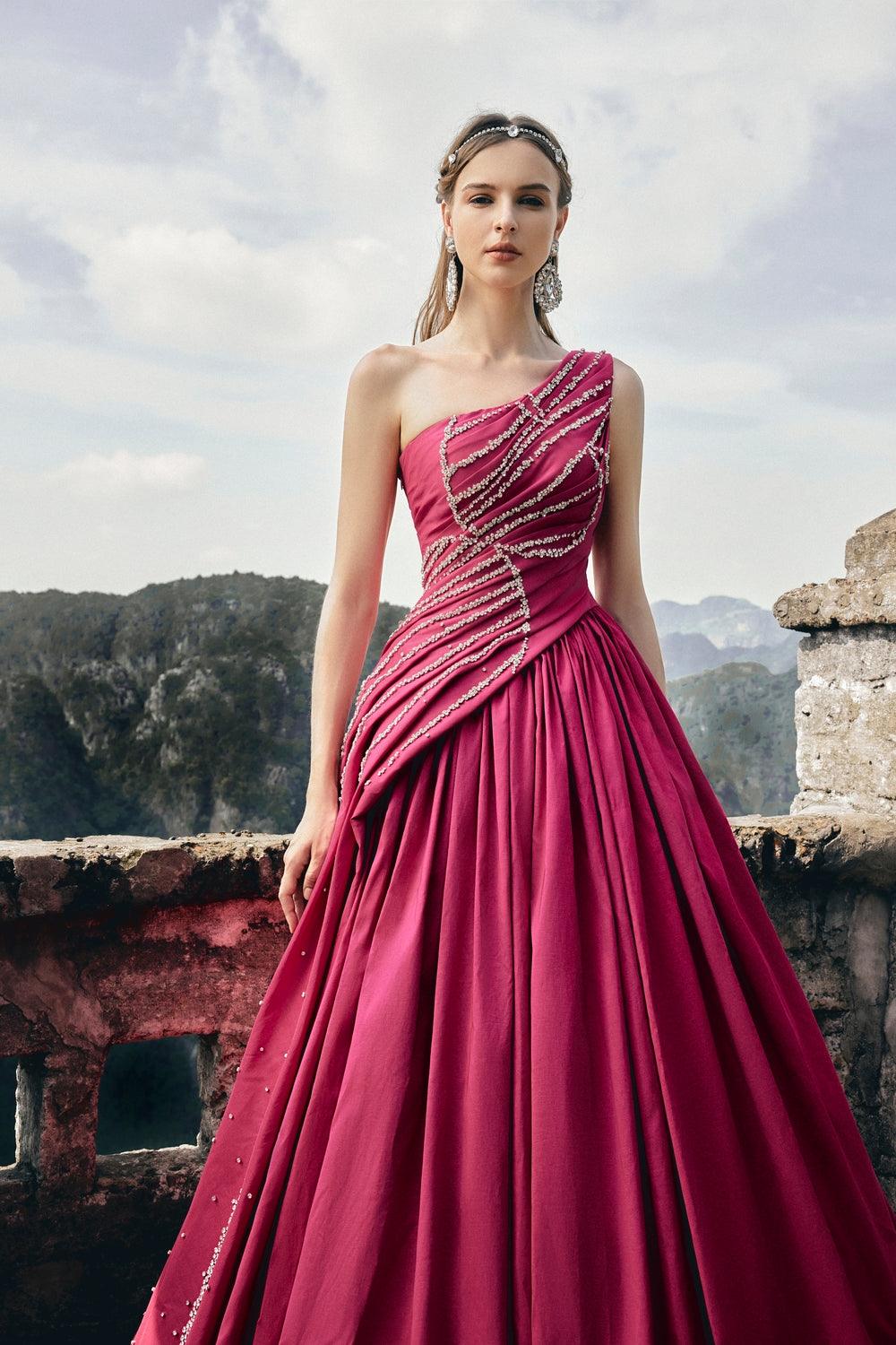 One Shoulder Stone Embellished Dress - TRACY COUTURE