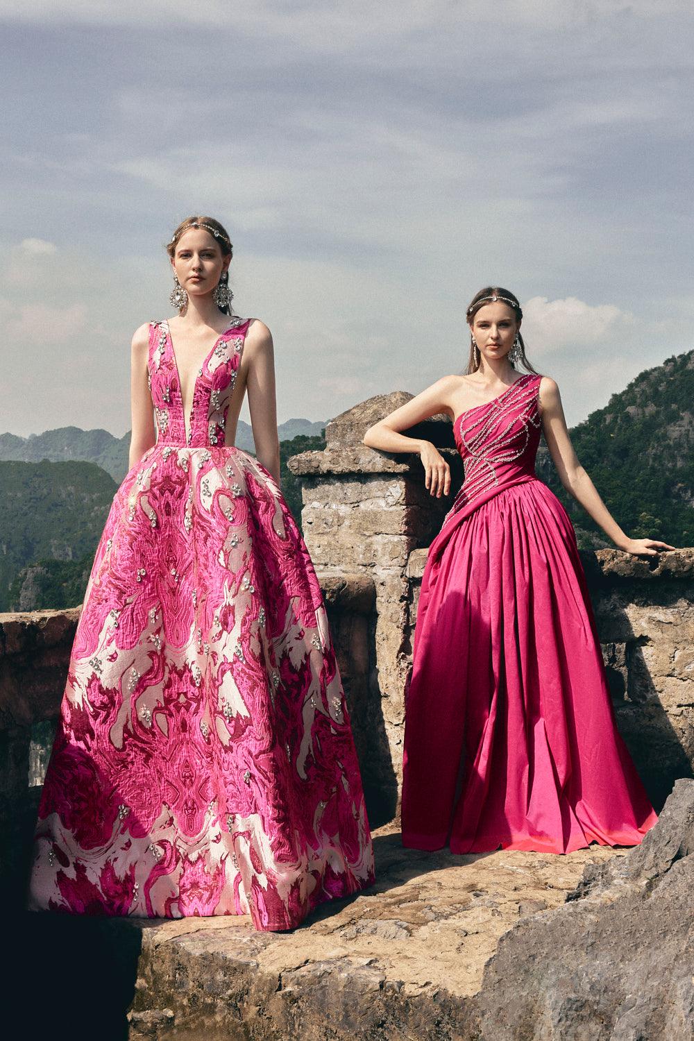 One Shoulder Stone Embellished Dress - TRACY COUTURE