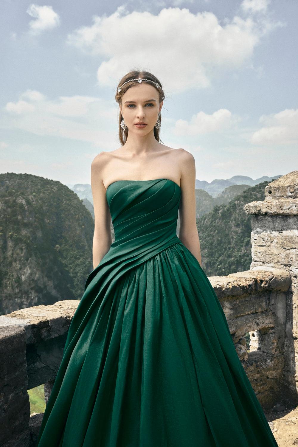 Strapless Diagonal Gathered Dress XL / EmeraldGreen Strapless Diagonal Gathered Dress XL / EmeraldGreen