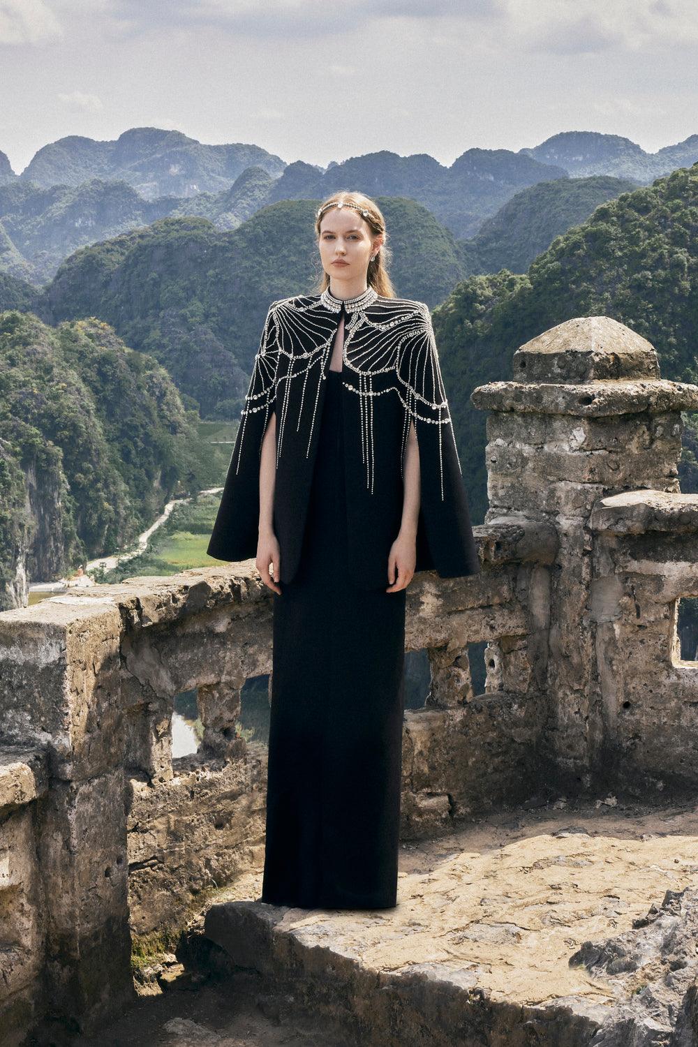 Flared Sleeve Cape With Crystal Line - TRACY COUTURE