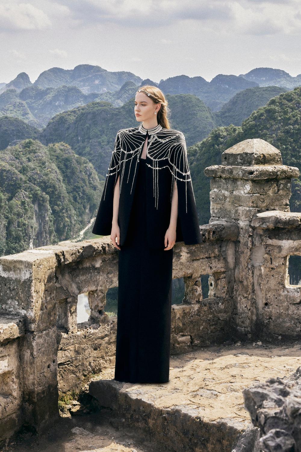 Flared Sleeve Cape With Crystal Line - TRACY COUTURE