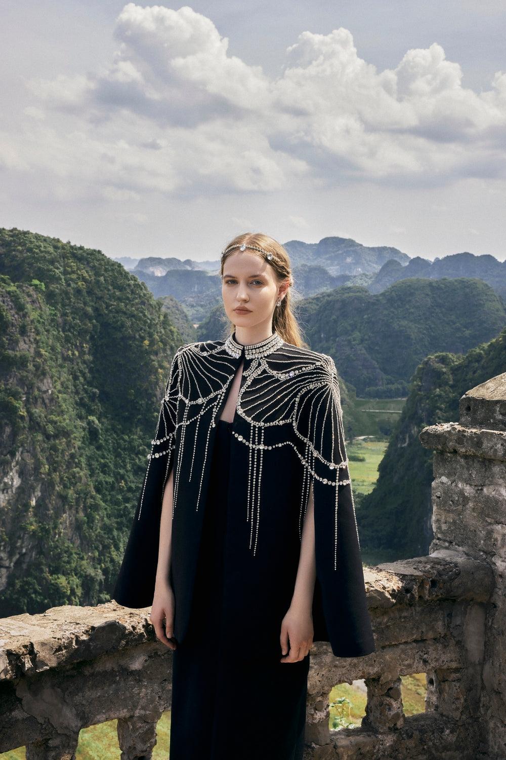 Flared Sleeve Cape With Crystal Line - TRACY COUTURE