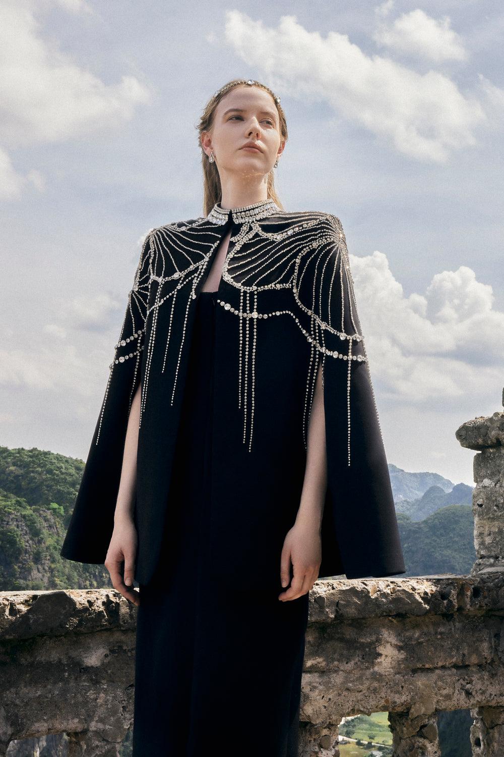 Flared Sleeve Cape With Crystal Line - TRACY COUTURE