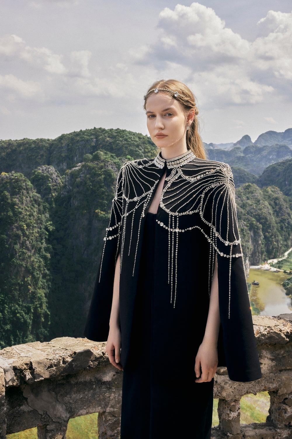 Flared Sleeve Cape With Crystal Line - TRACY COUTURE