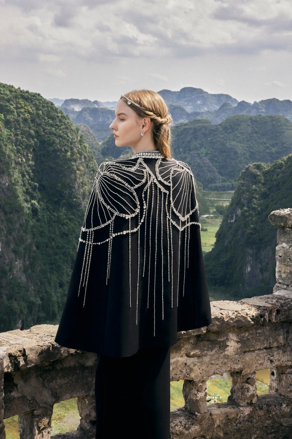 Flared Sleeve Cape With Crystal Line - TRACY COUTURE