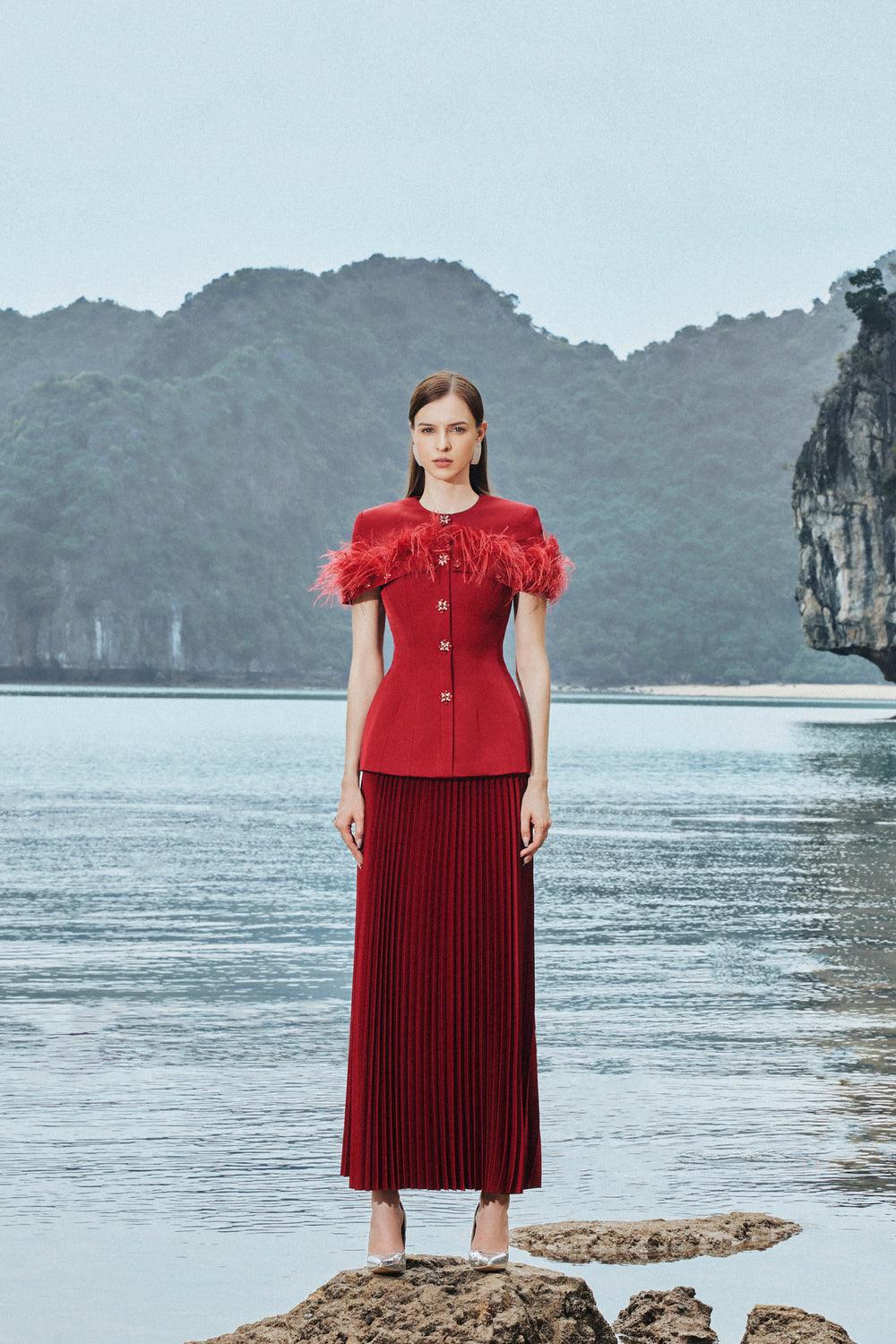 Feather Embellished Short Sleeve Blazer With Pleated Ankle Skirt Set