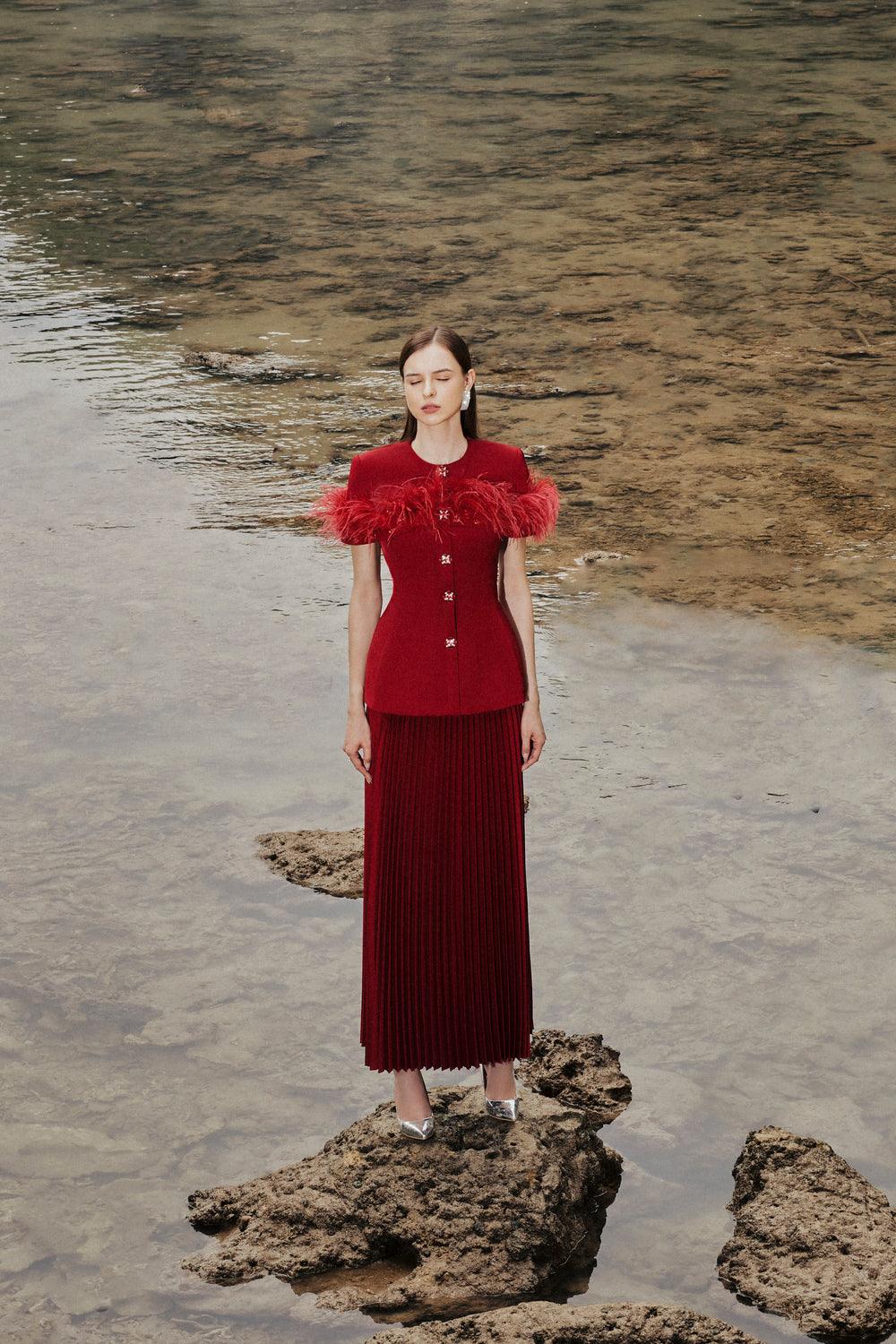 Feather Embellished Short Sleeve Blazer With Pleated Ankle Skirt Set