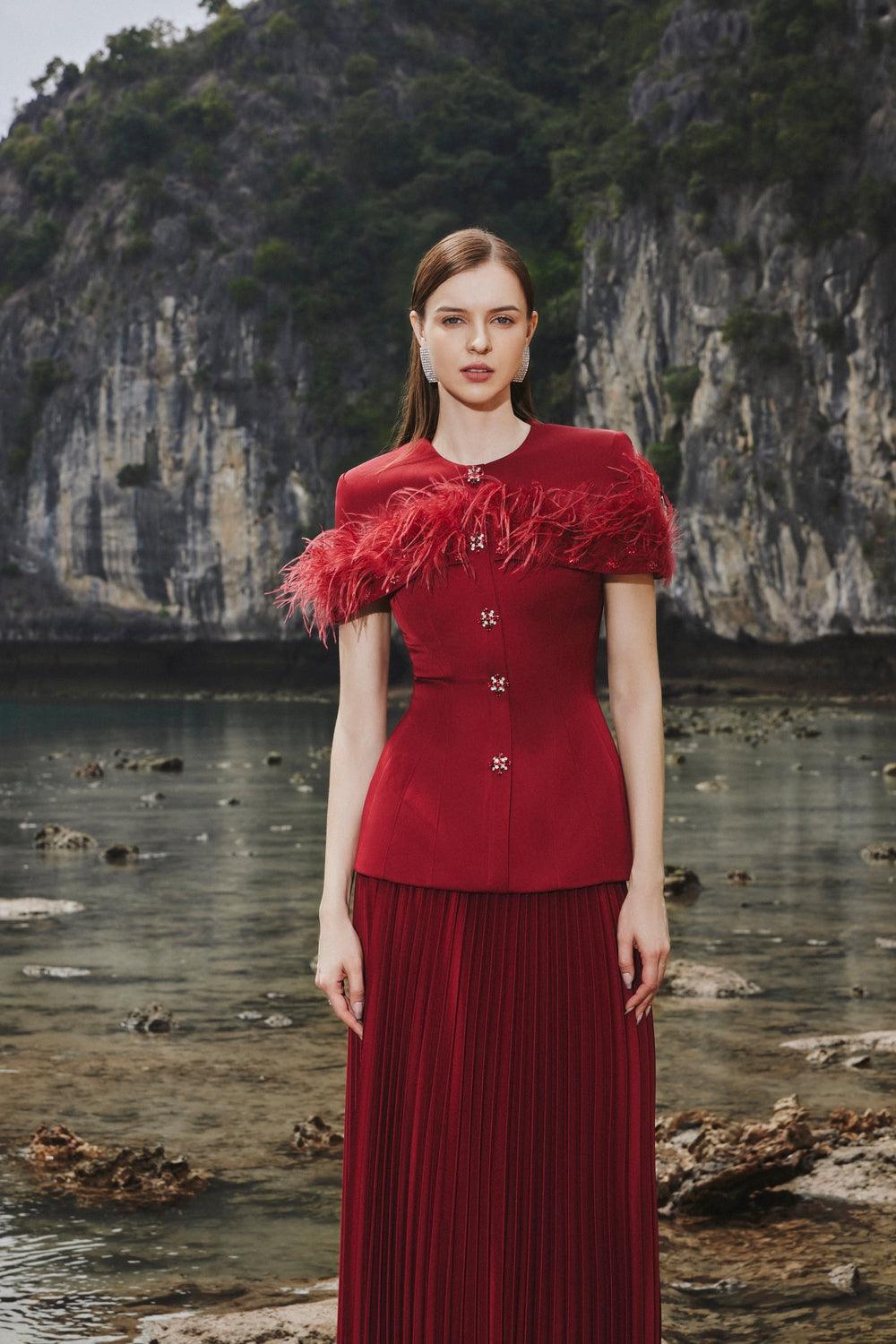 Feather Embellished Short Sleeve Blazer With Pleated Ankle Skirt Set