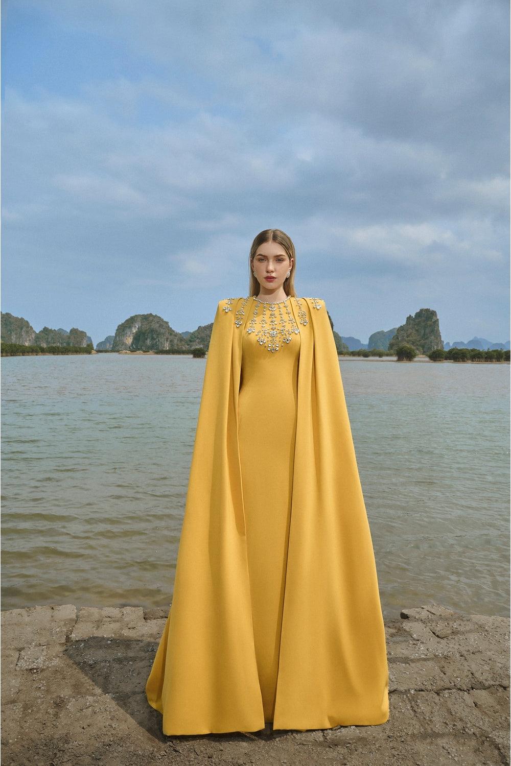 Stone Embellished Cape And Bodycon Dress Set