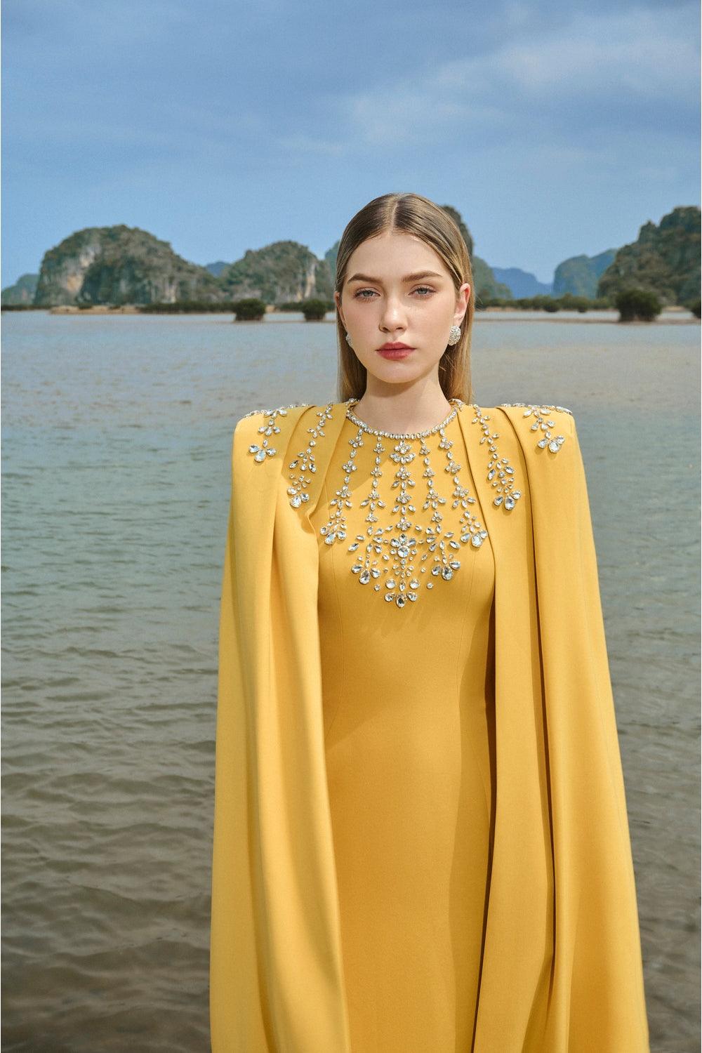 Stone Embellished Cape And Bodycon Dress Set
