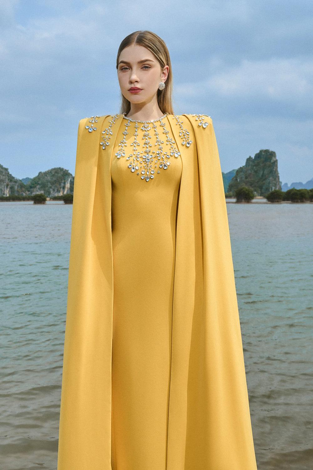 Stone Embellished Cape And Bodycon Dress Set