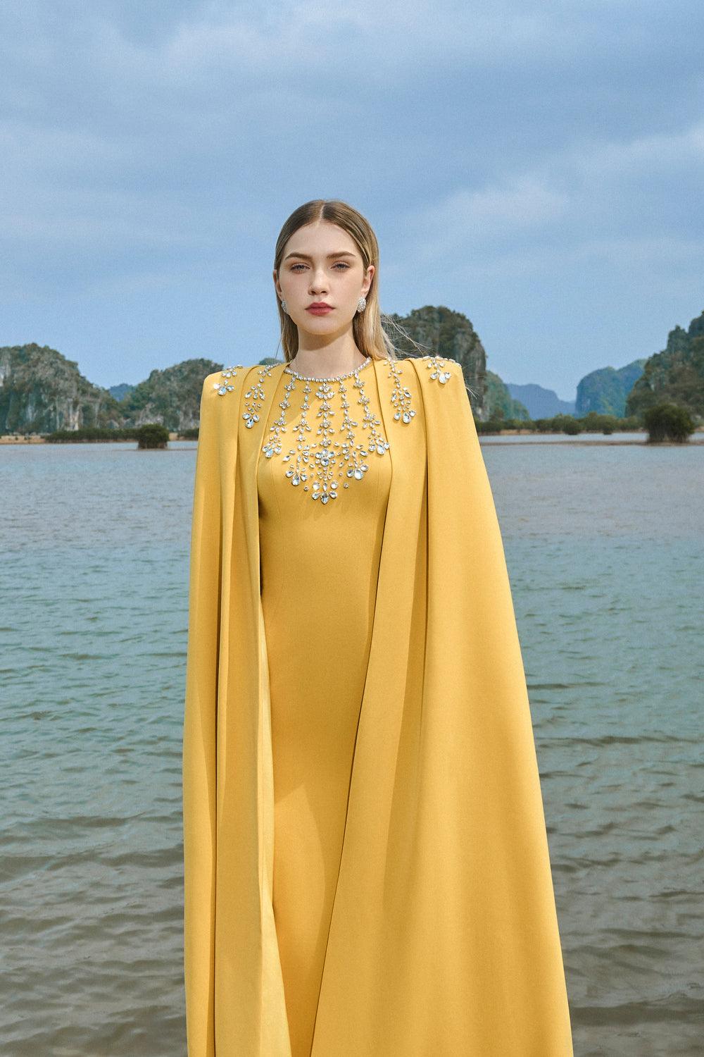 Stone Embellished Cape And Bodycon Dress Set