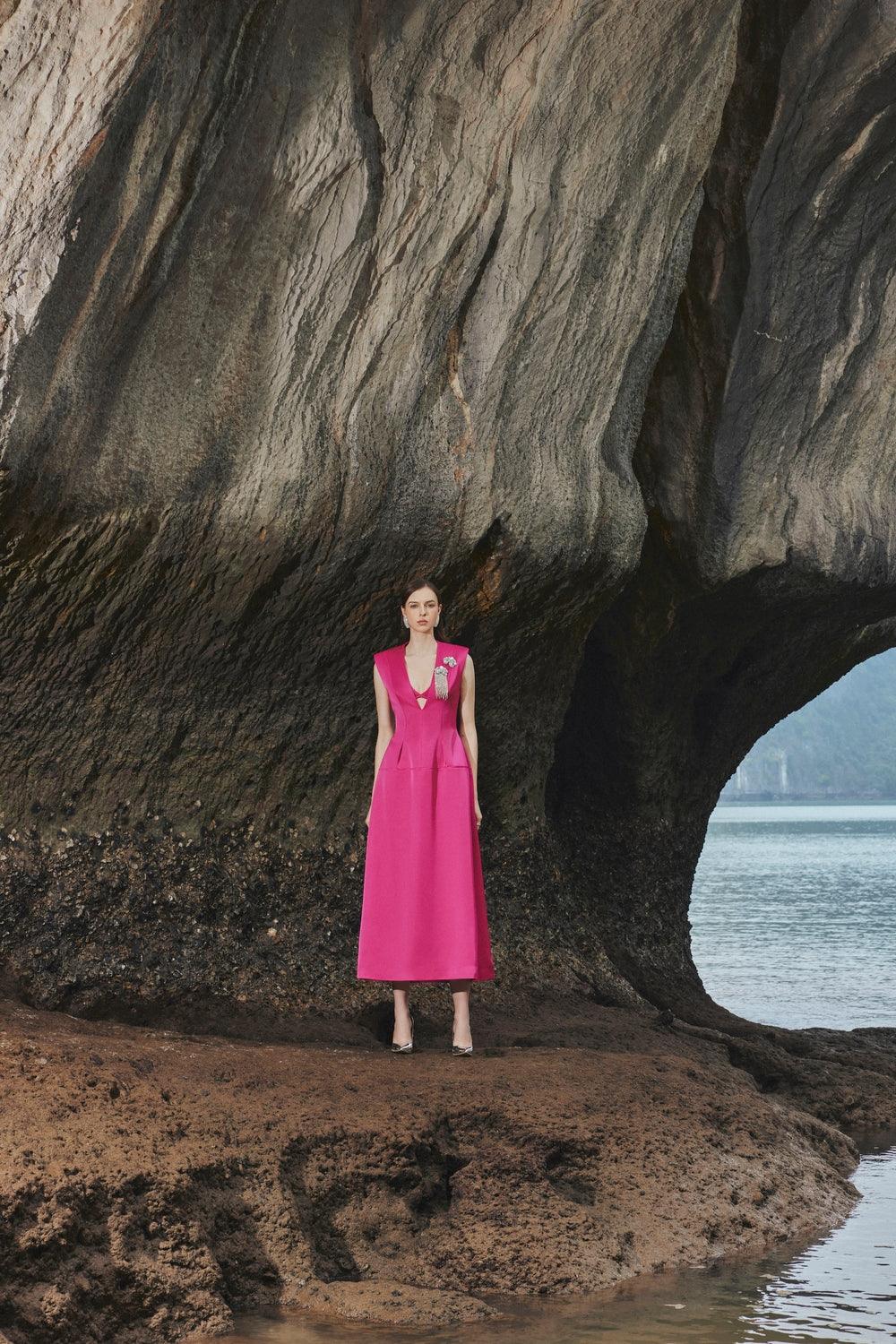 Sleeveless V-Neck Coat Midi Dress - TRACY COUTURE