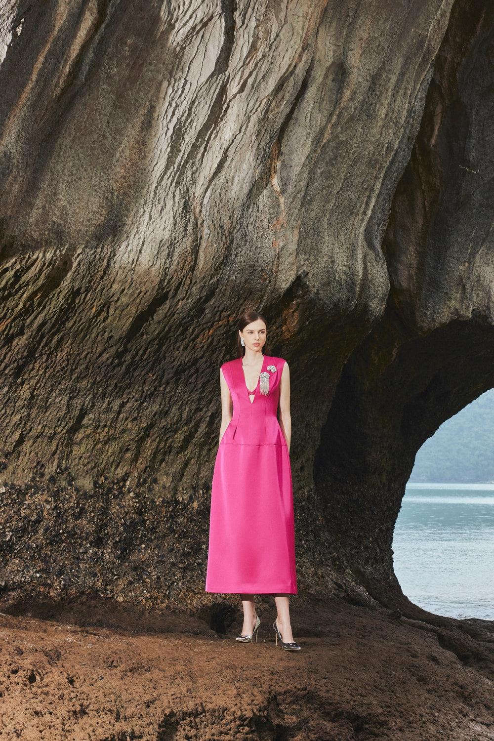 Sleeveless V-Neck Coat Midi Dress - TRACY COUTURE