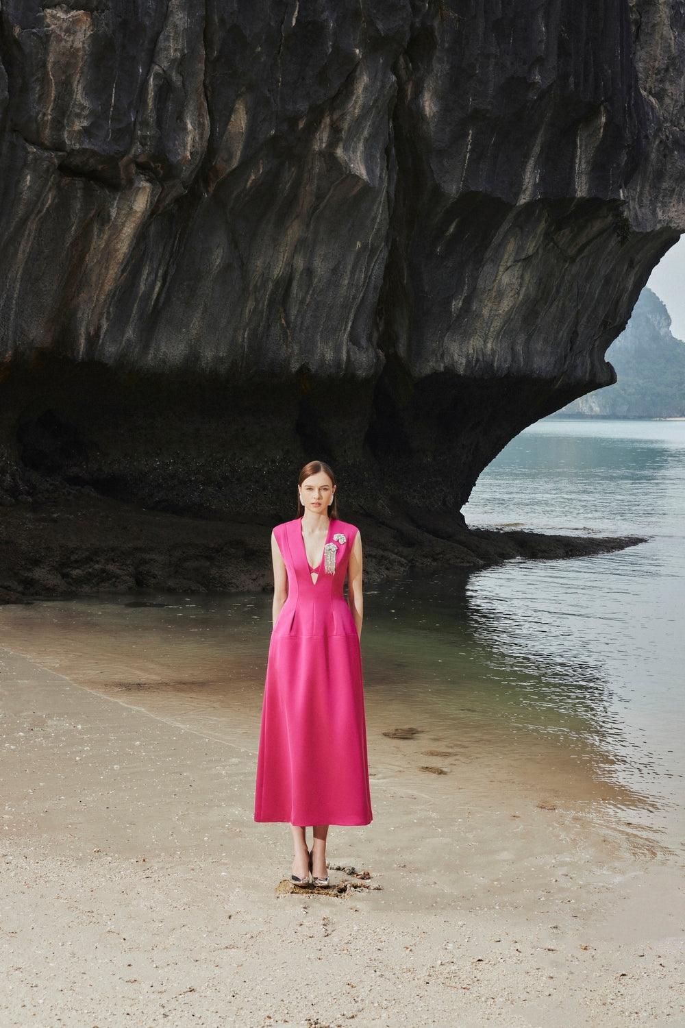 Sleeveless V-Neck Coat Midi Dress - TRACY COUTURE