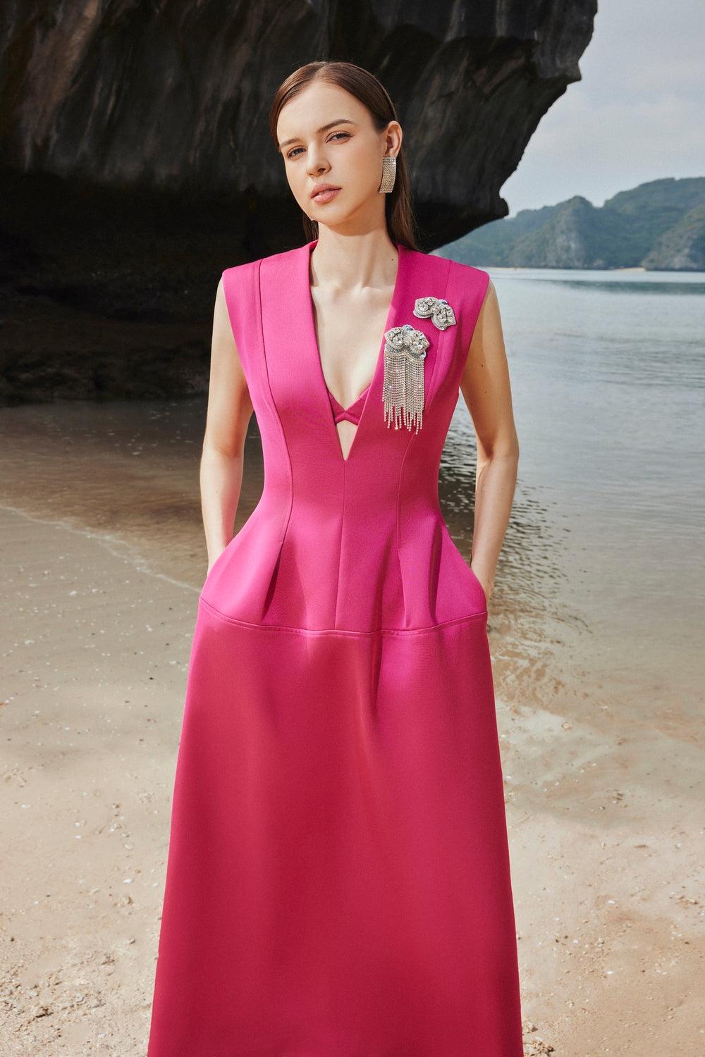 Sleeveless V-Neck Coat Midi Dress - TRACY COUTURE