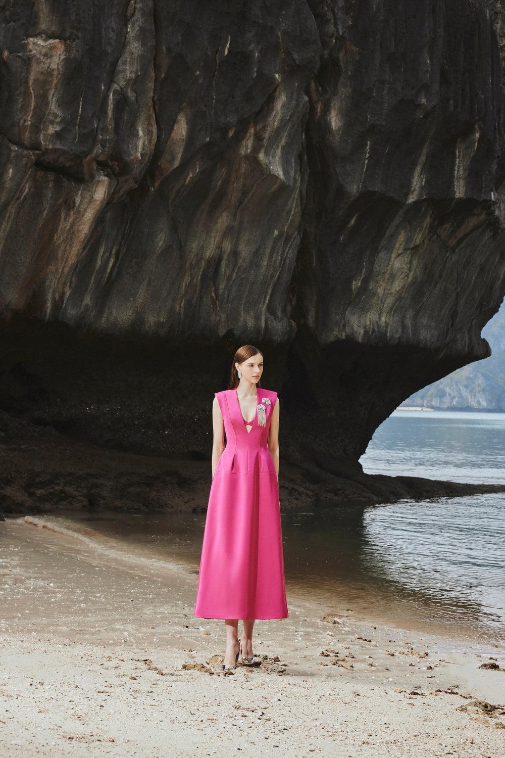 Sleeveless V-Neck Coat Midi Dress - TRACY COUTURE