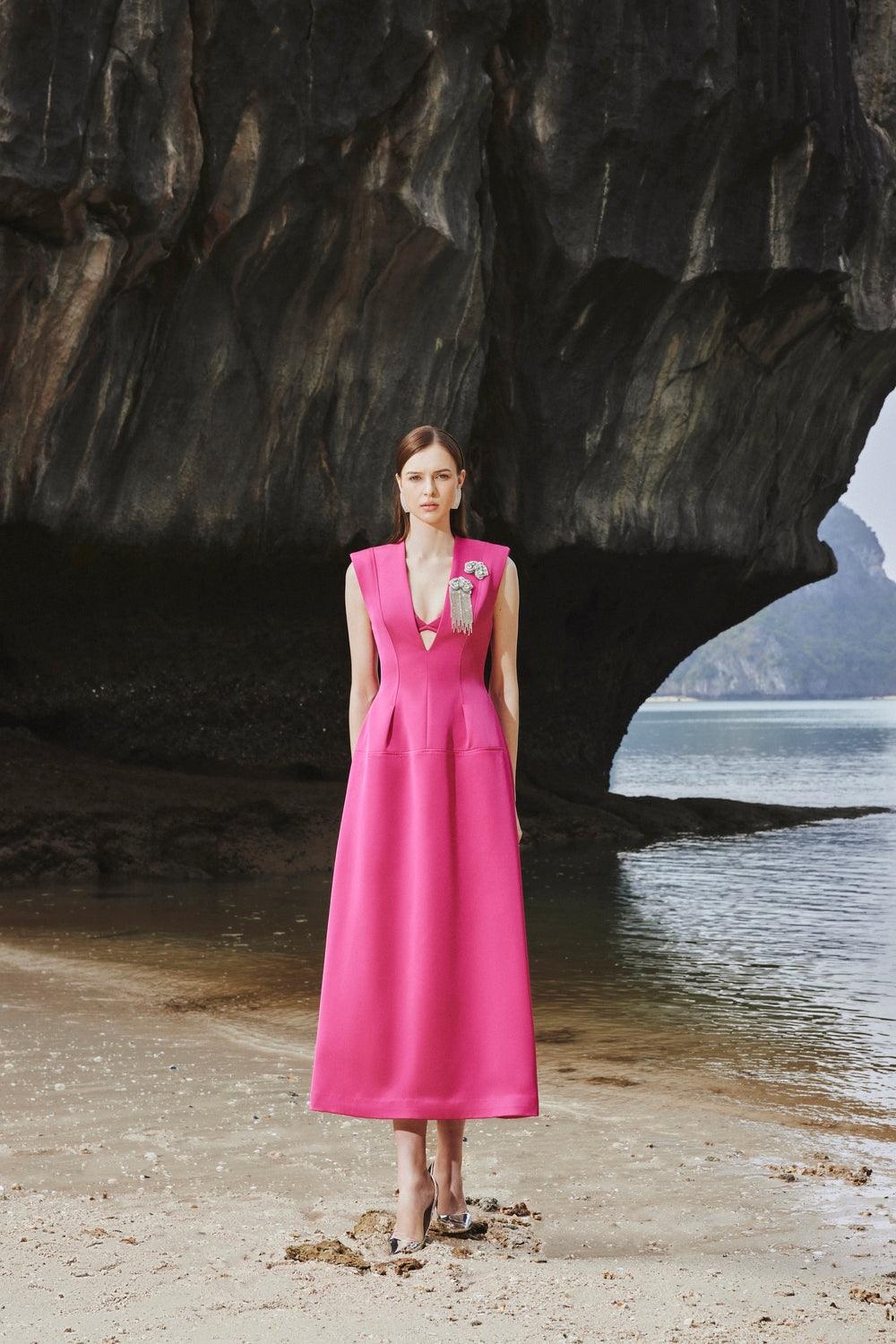 Sleeveless V-Neck Coat Midi Dress - TRACY COUTURE