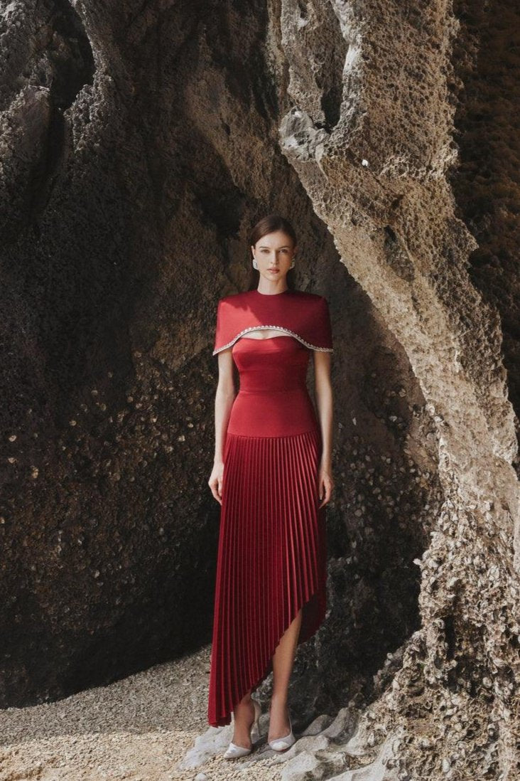 Strapless Asymmetric Pleated Dress And Stone Embellished Cape Set