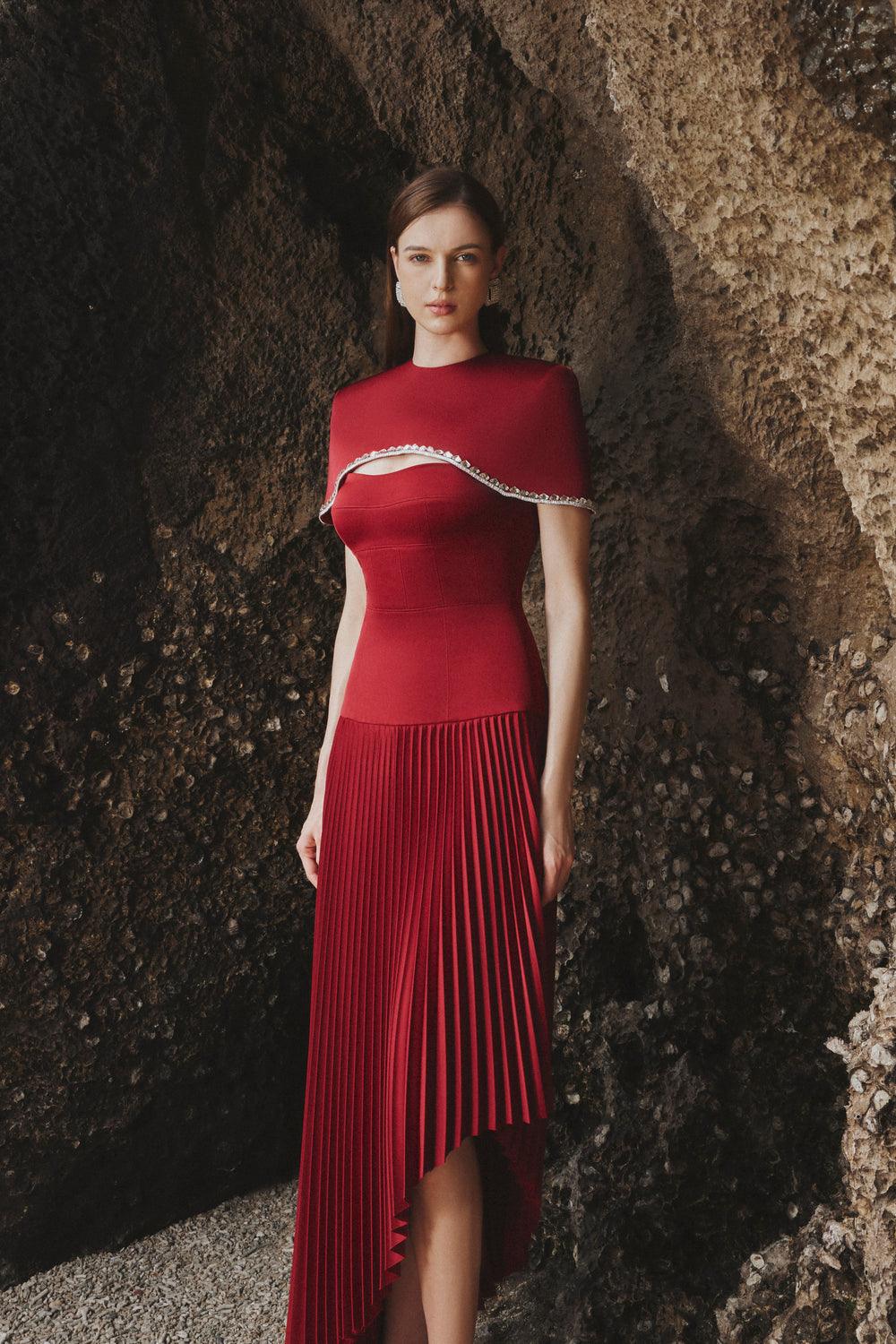 Strapless Asymmetric Pleated Dress And Stone Embellished Cape Set