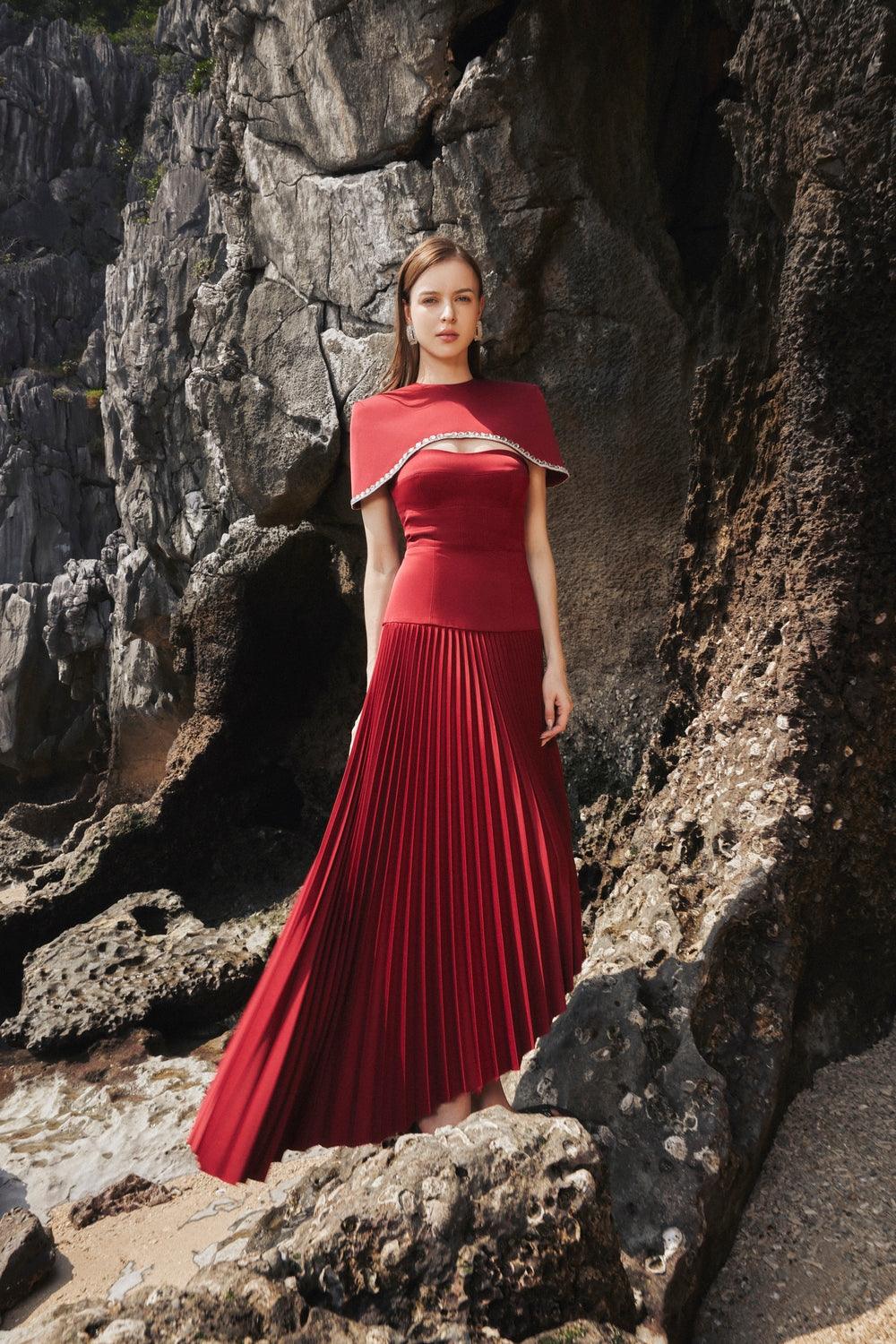 asymmetric pleated dress Strapless Asymmetric Pleated Dress And Stone Embellished Cape Set XL / Red