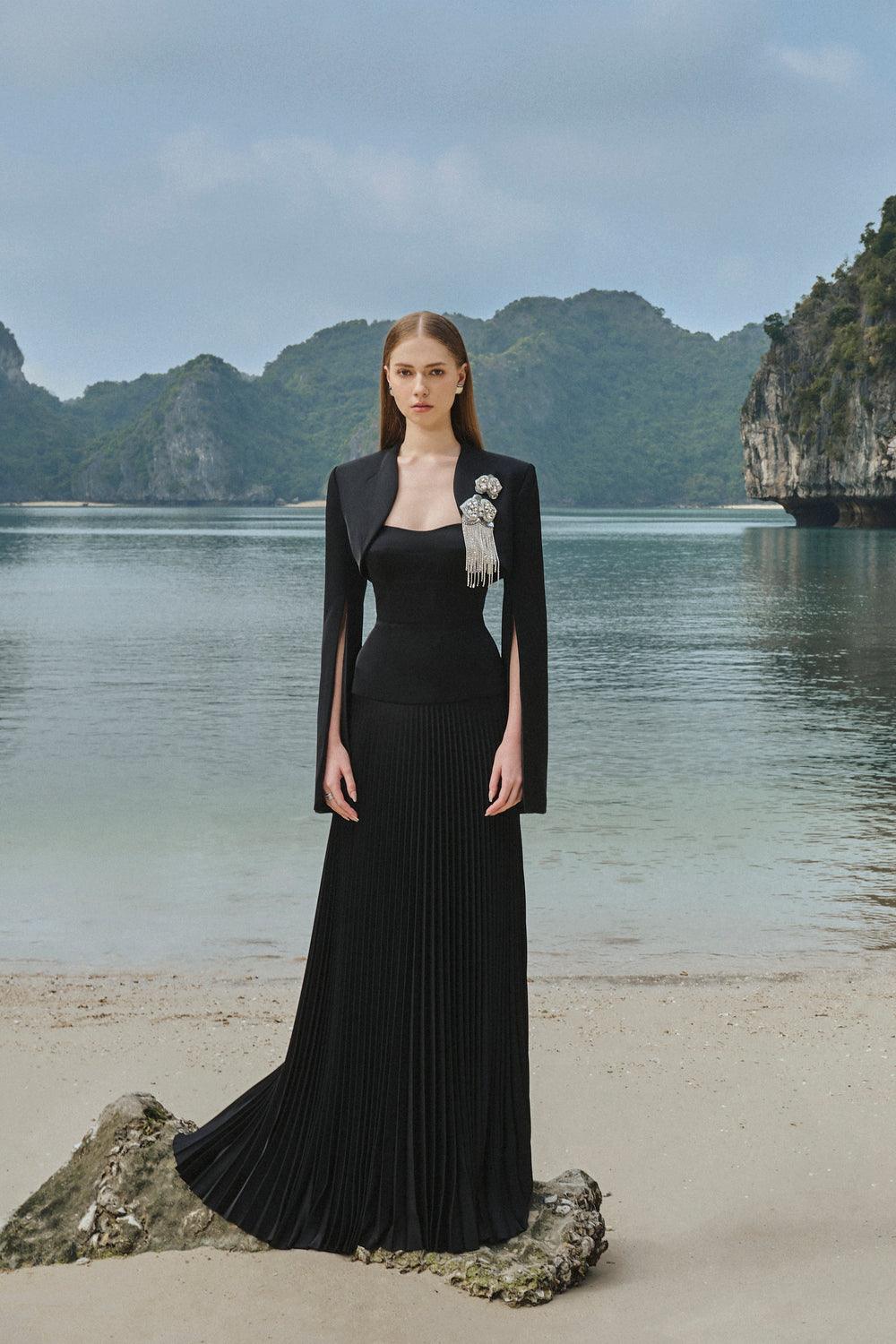 Strapless Pleating Dress With Cropped Jacket Set