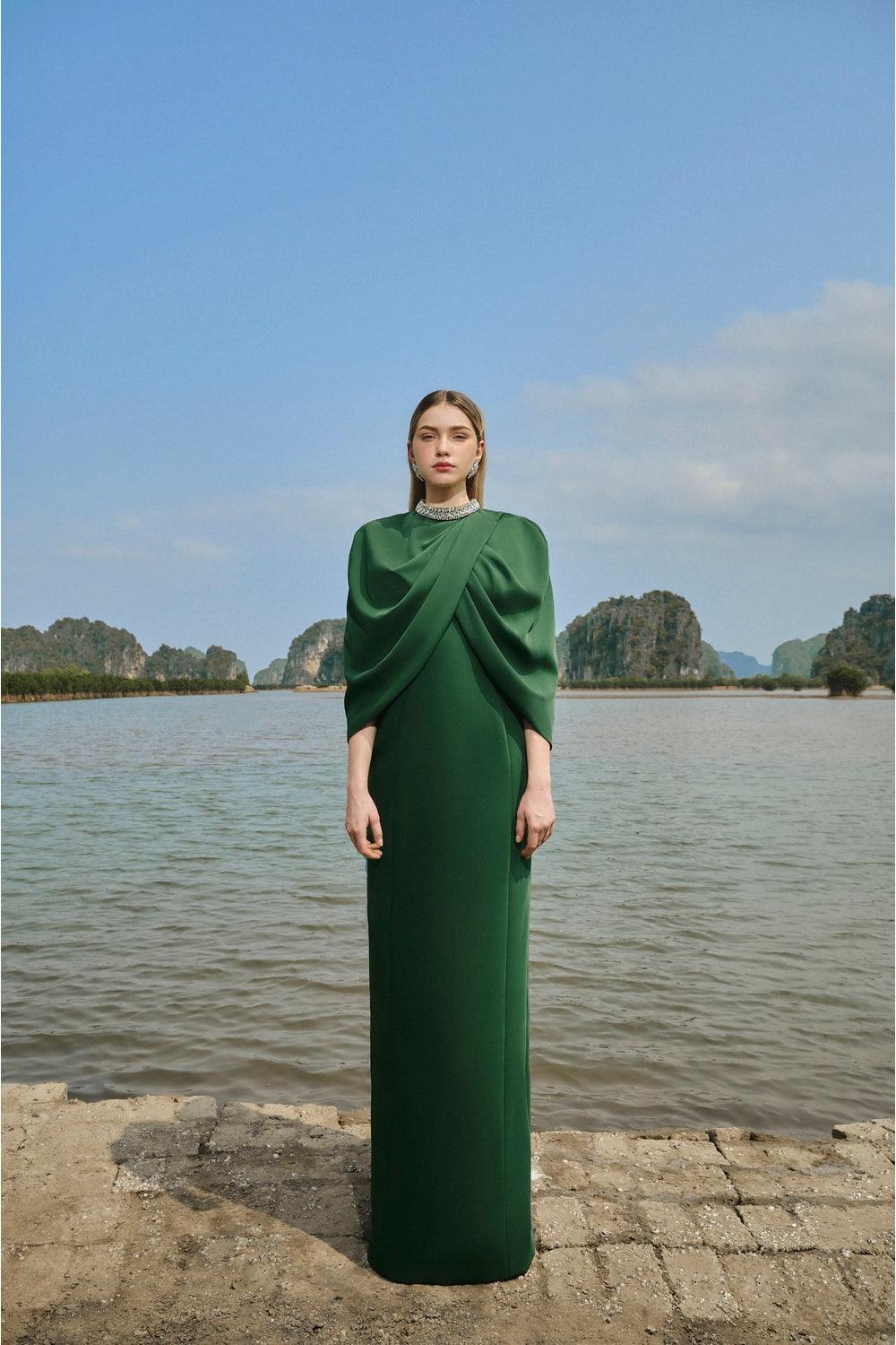 Collar Stone Embellished Cape With Dress Set