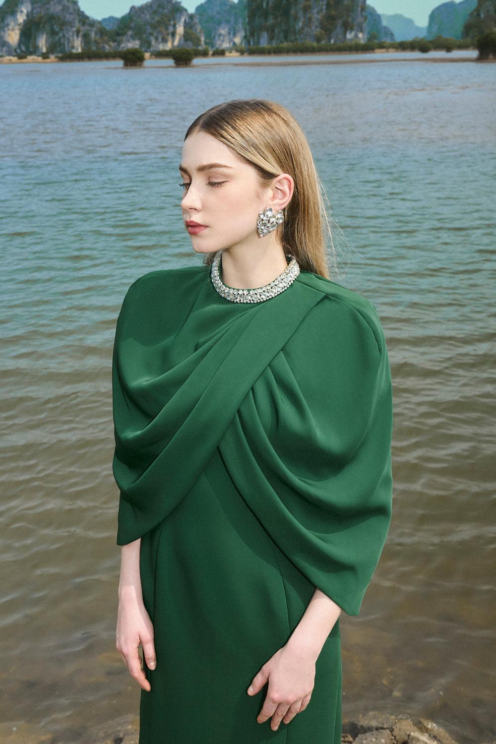 Collar Stone Embellished Cape With Dress Set