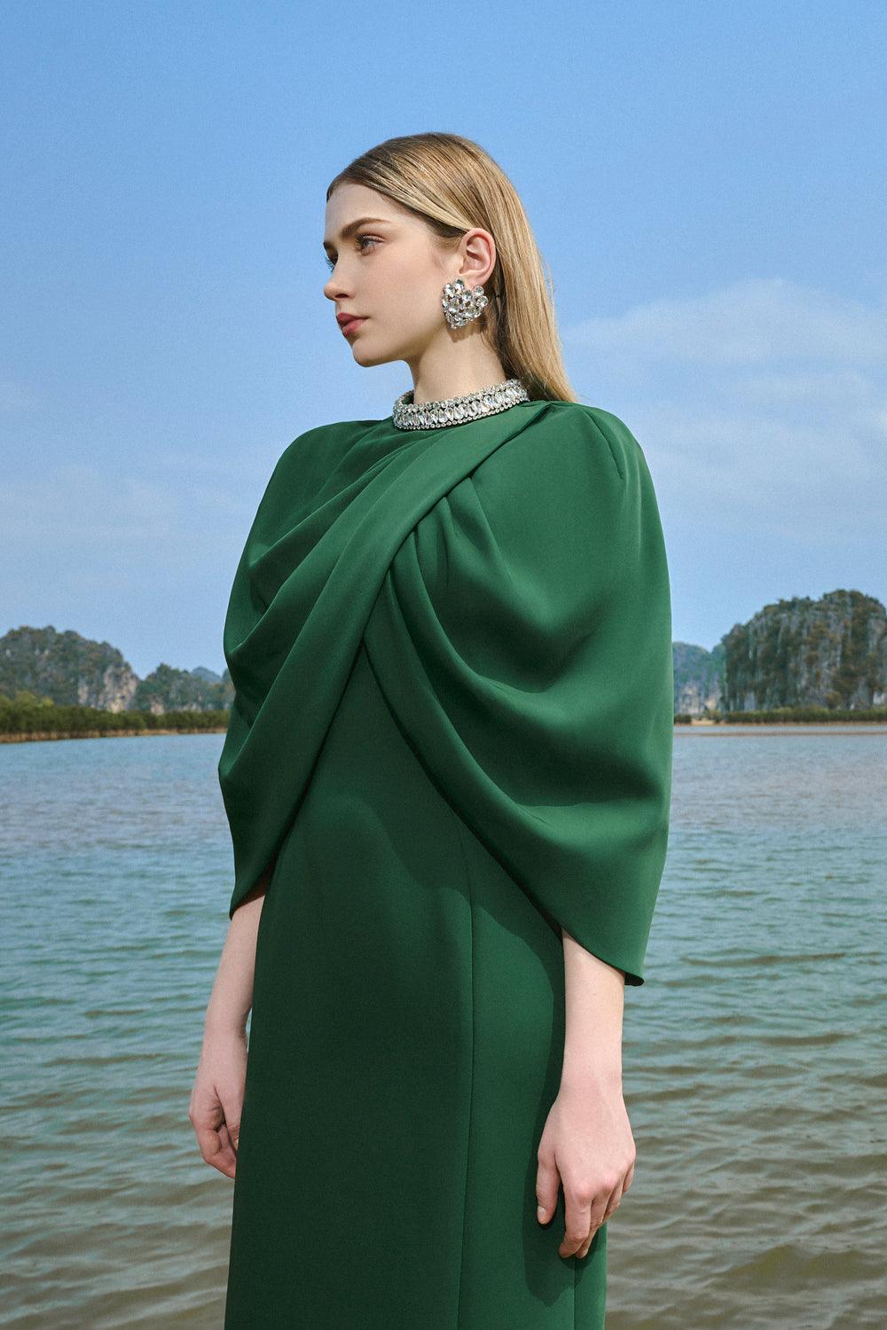 Collar Stone Embellished Cape With Dress Set