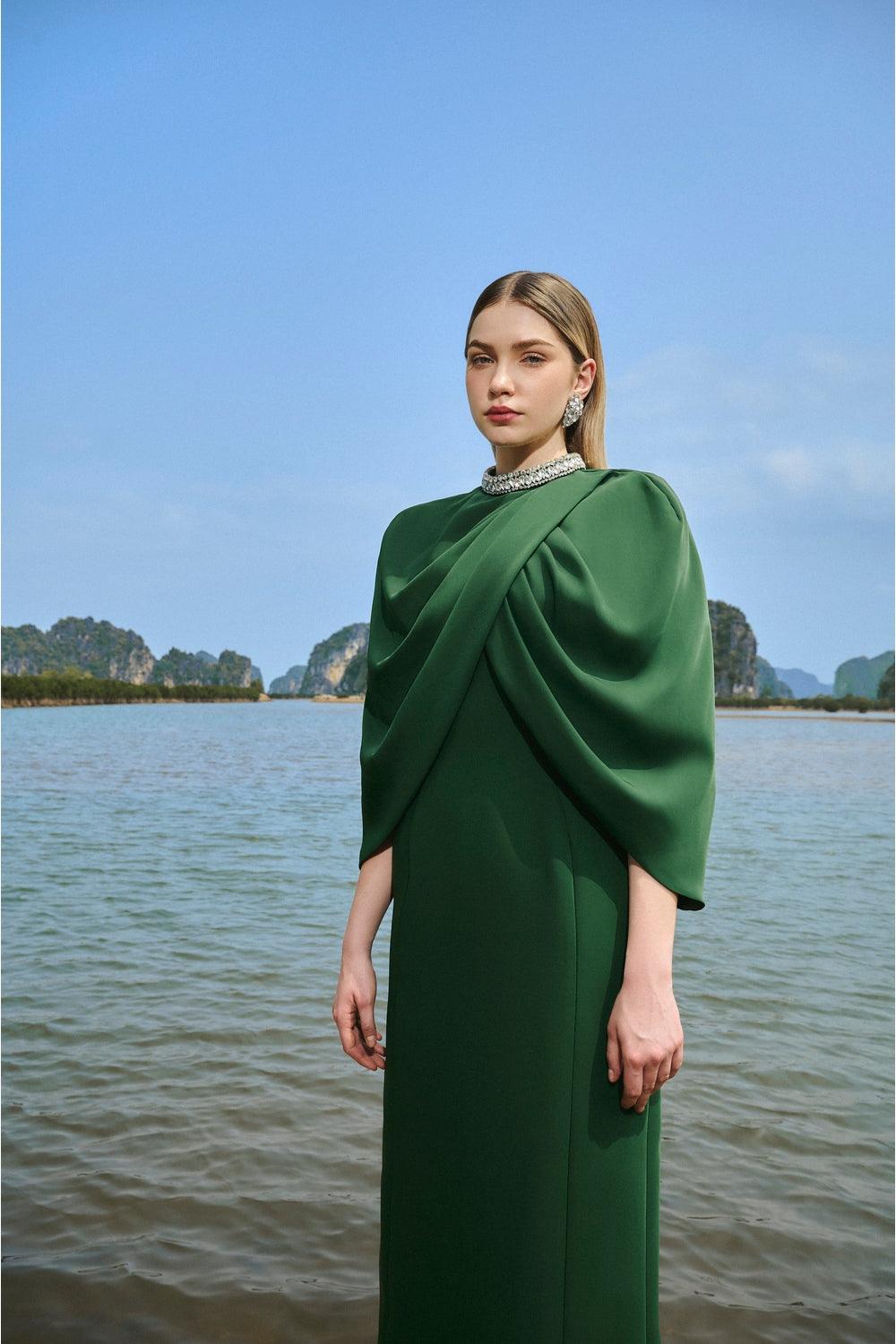 Collar Stone Embellished Cape With Dress Set