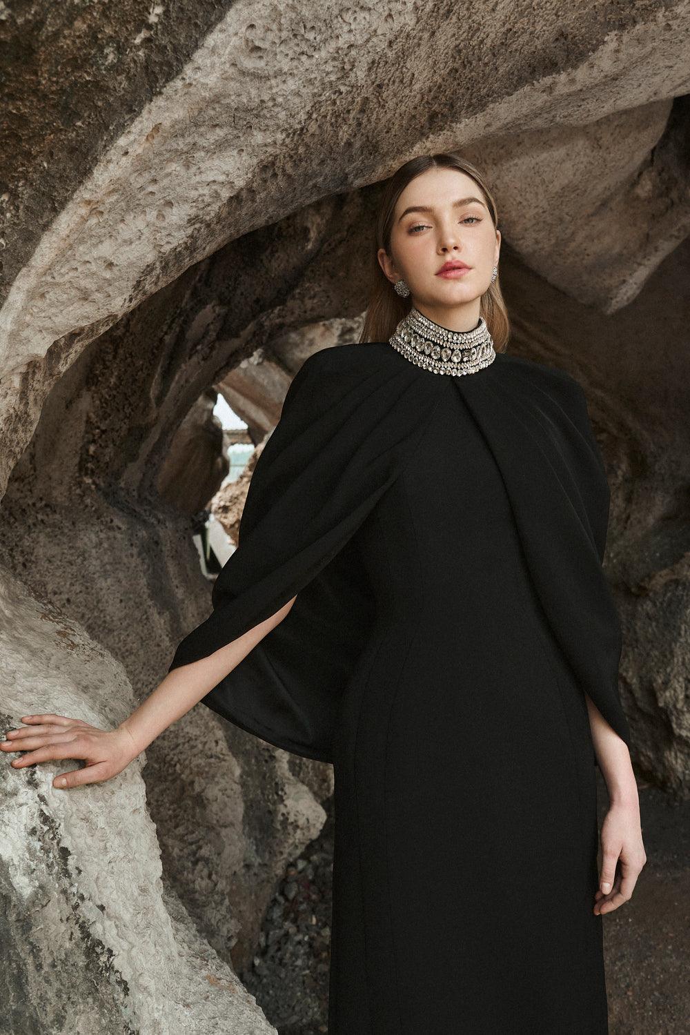Stone Collar Cape And Bodycon Dress Set M / Black Stone Collar Cape And Bodycon Dress Set M / Black